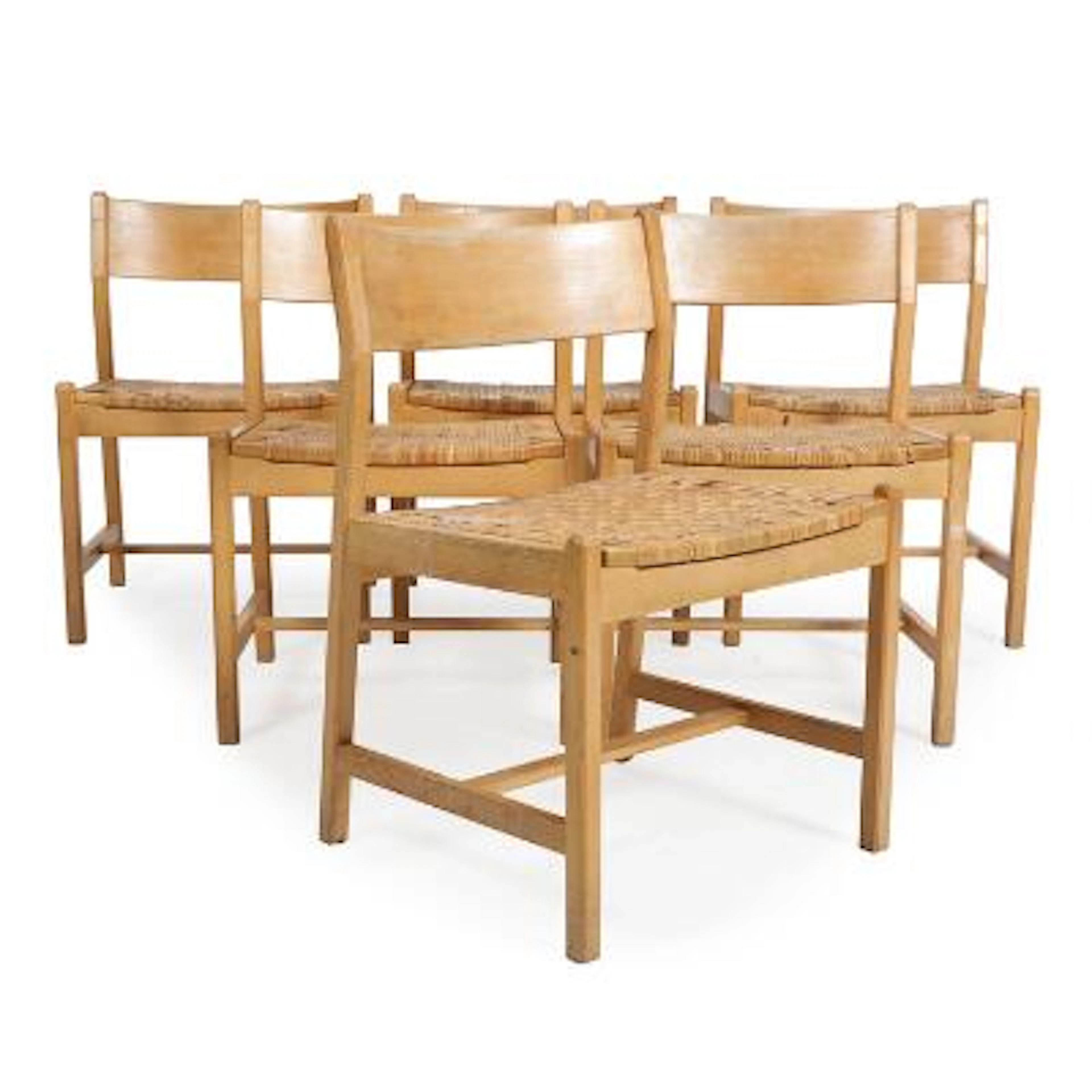 Børge Mogensen: Six beech chairs, seats with woven cane. Model BM