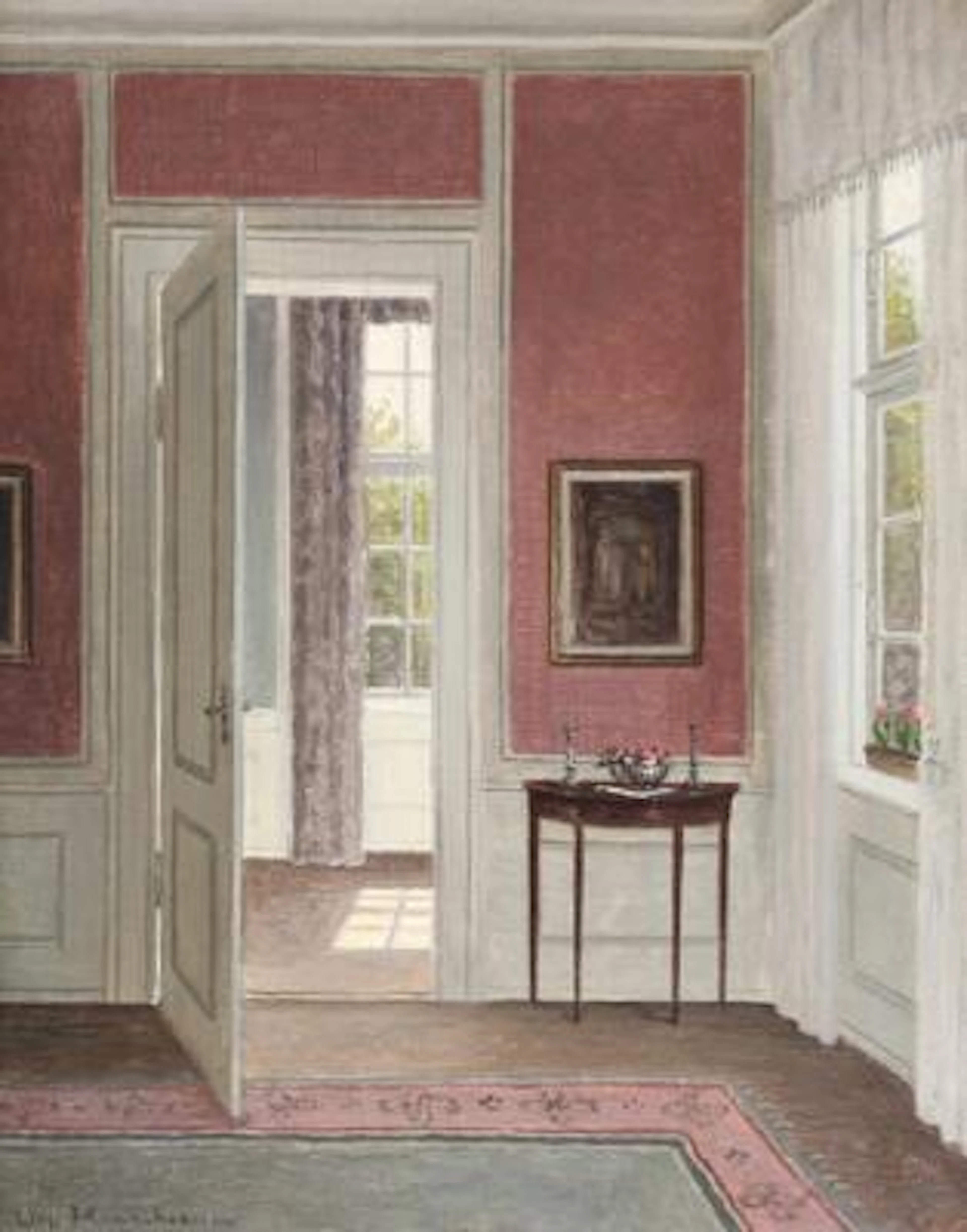 William Henriksen: Interior from a pink living room. Signed Wm. Henriksen.