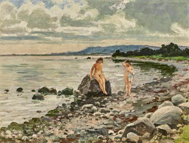 Paul Fischer: Two young women on the beach. Signed Paul Fischer. Oil