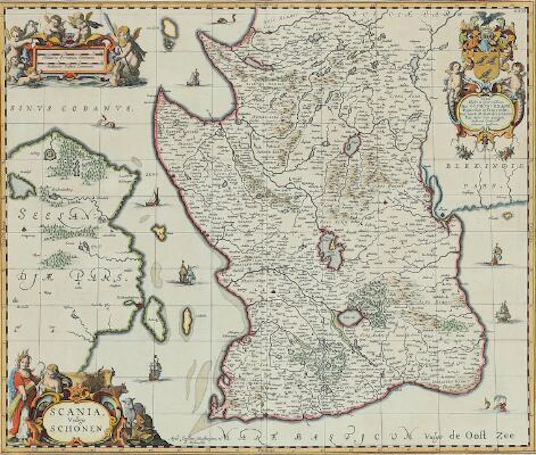 Moses Pitt: "Scania Vulgo Schonen". 1681. Hand-coloured engraving.