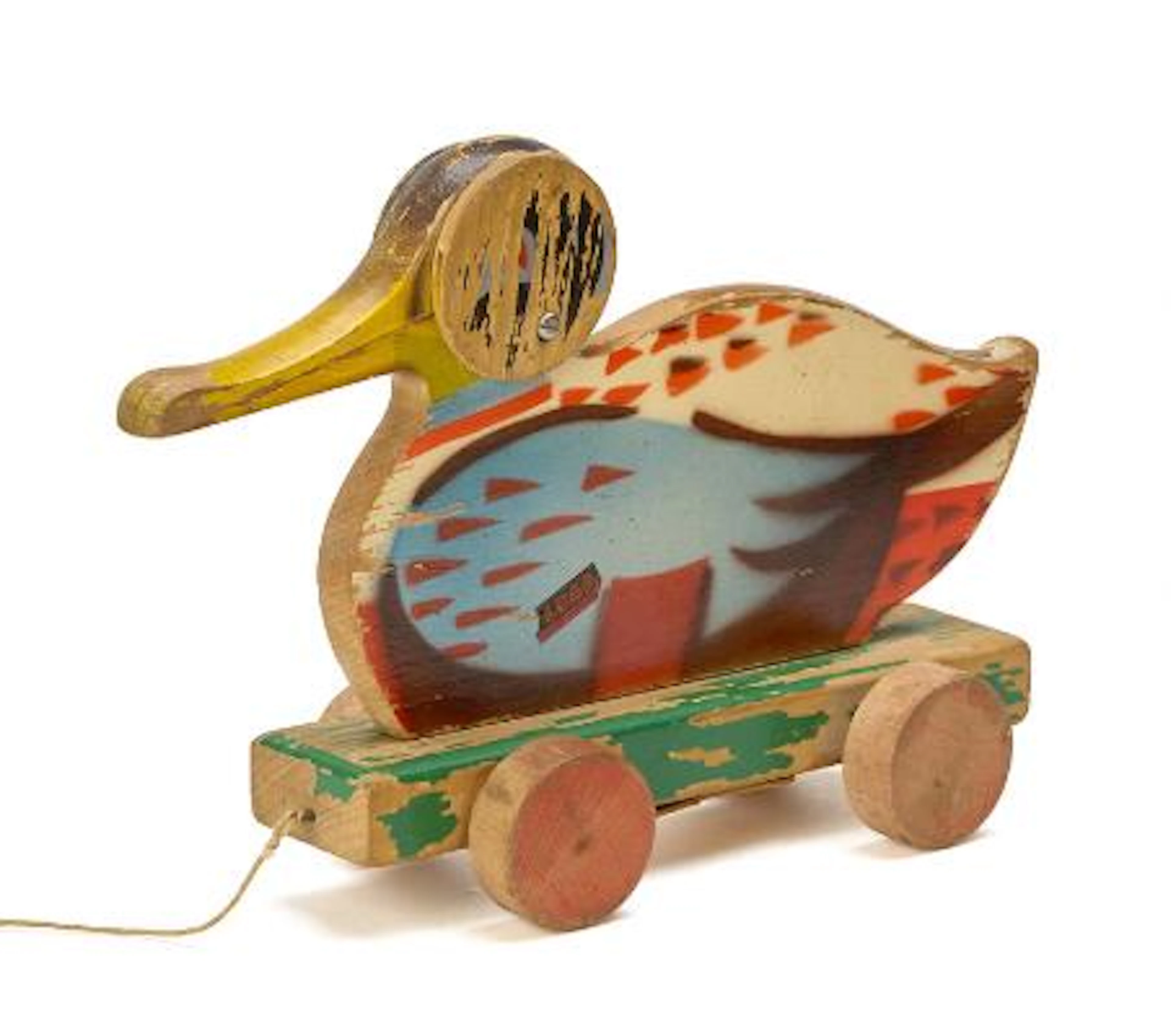 LEGO: Wooden jug made of painted wood on wheels with movable beak