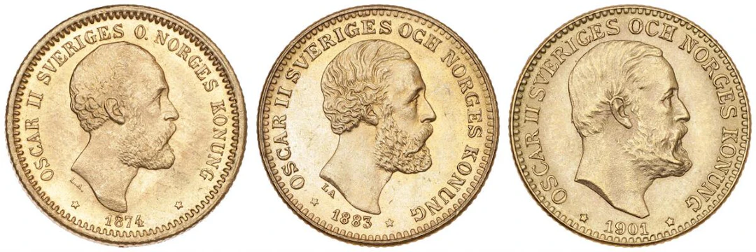 Sweden, Oscar II, 10 kr 1874, 1883 and 1901, SM 25a, 30 and 33, F