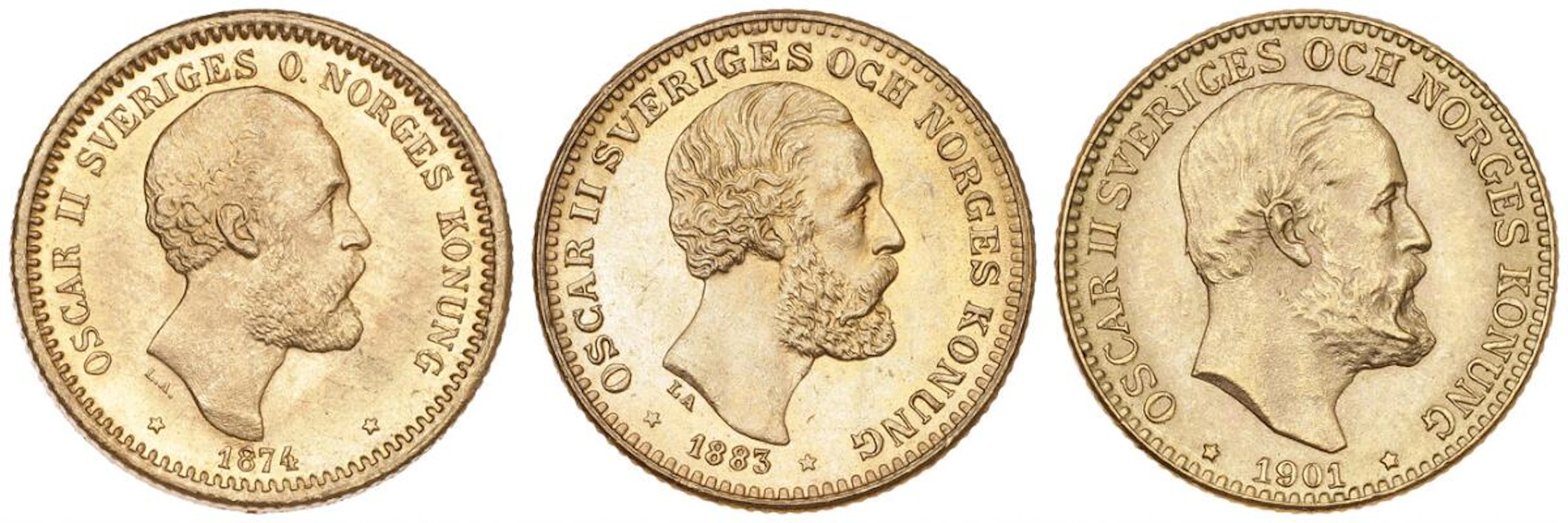 Sweden, Oscar II, 10 kr 1874, 1883 and 1901, SM 25a, 30 and 33, F