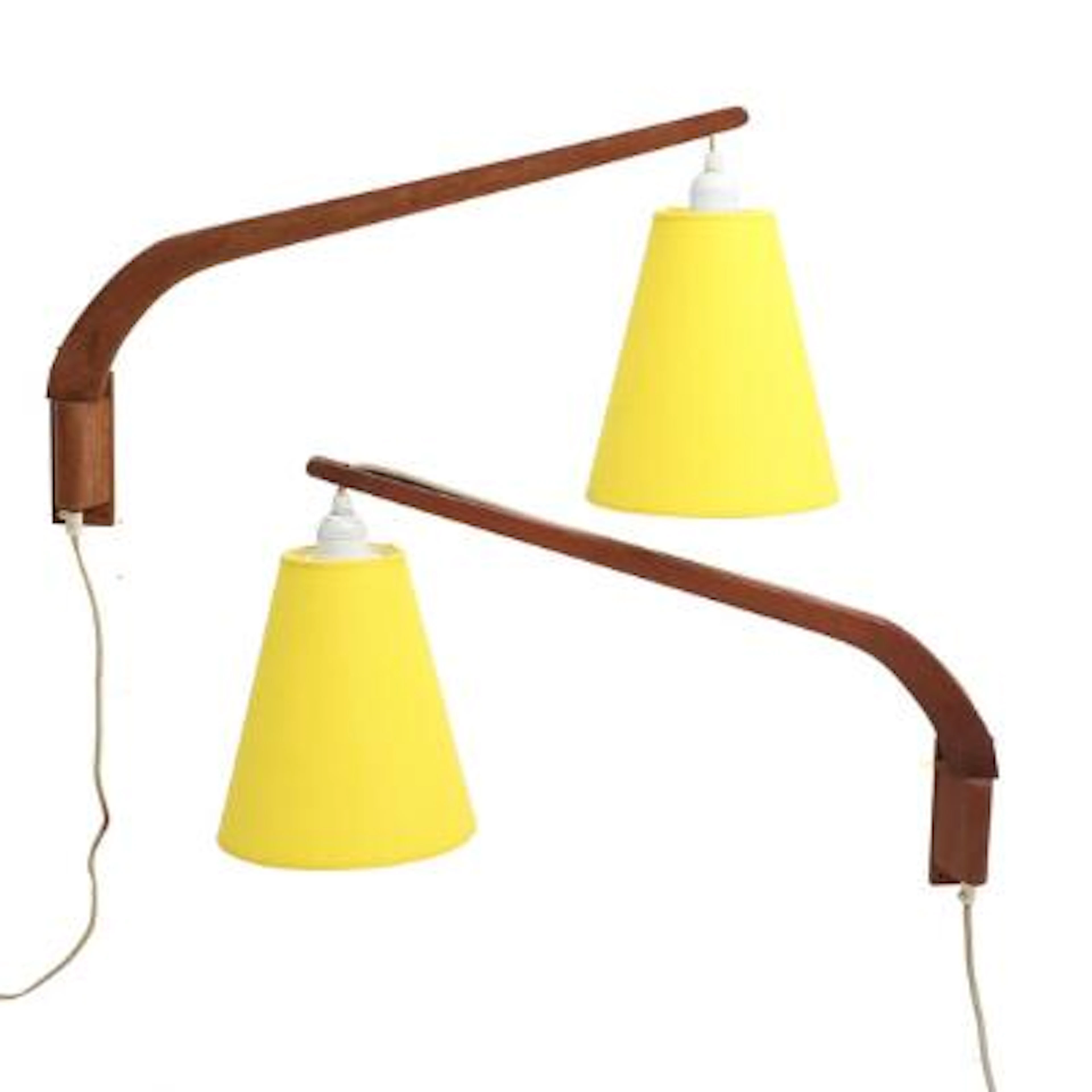 Unknown design: A pair of wall lamps with solid teak arms and mountings