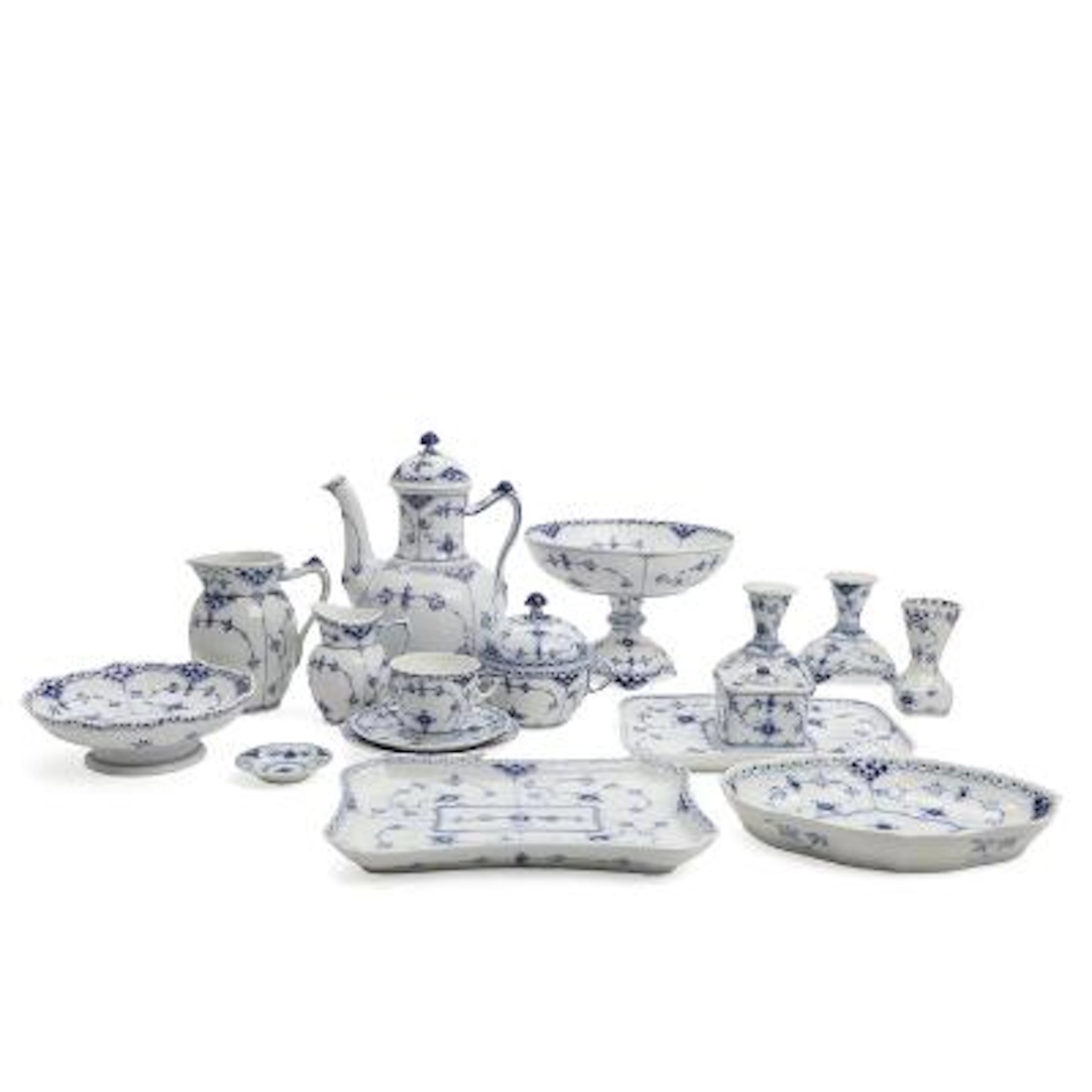 "Blue Fluted Half Lace". Parts of a porcelain coffee set, decorated