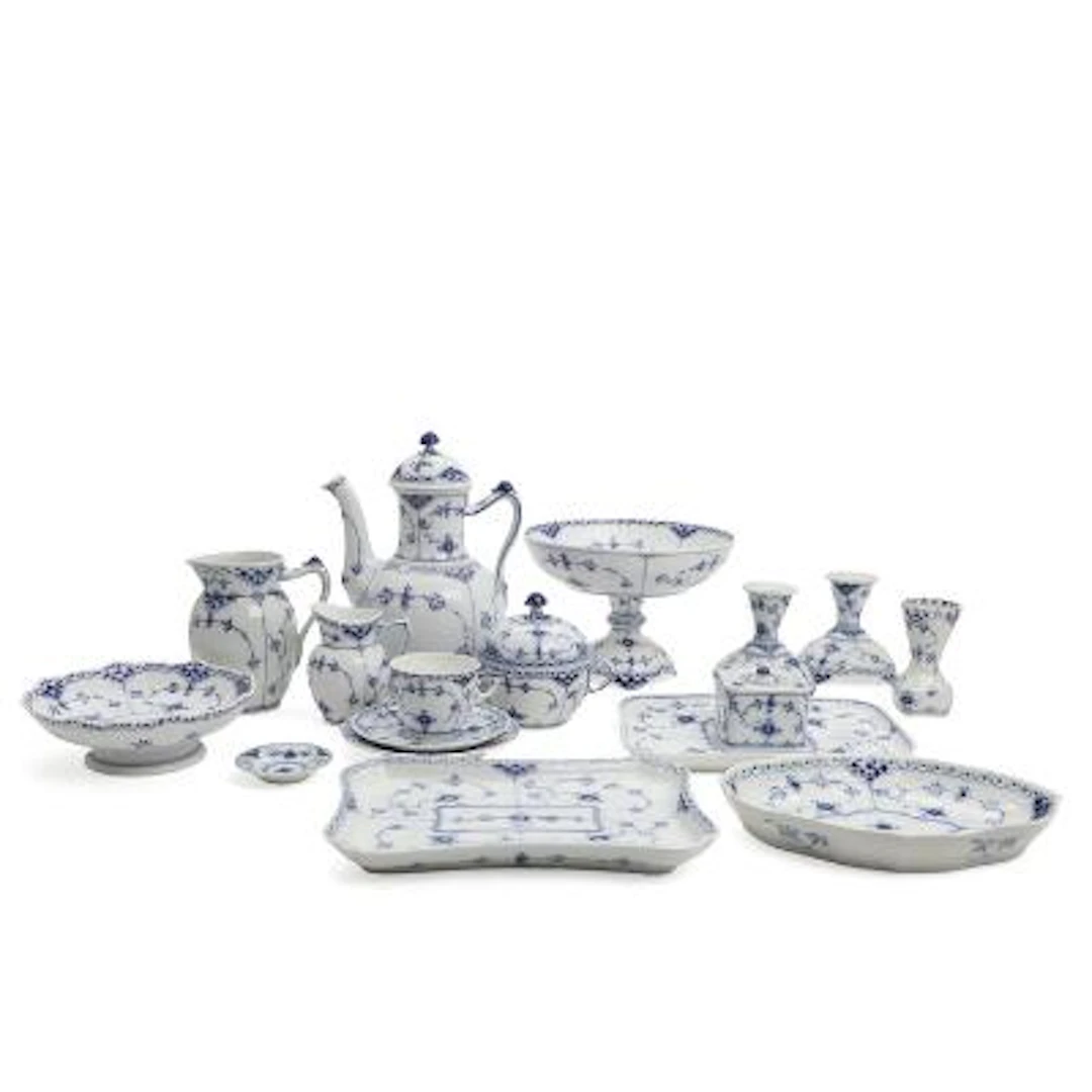 "Blue Fluted Half Lace". Parts of a porcelain coffee set, decorated