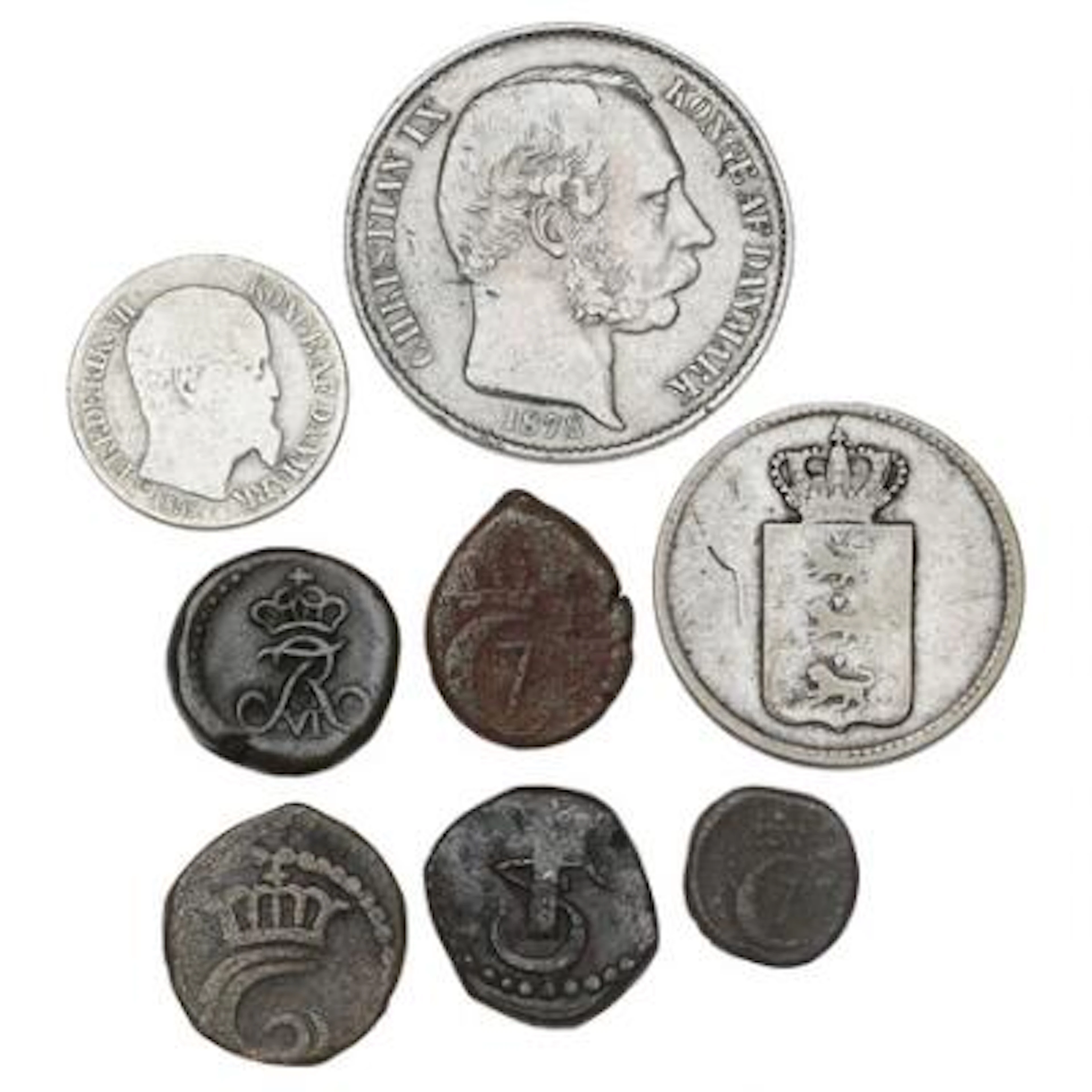 Danish West Indies and Tranquebar, collection of coins, in total 8