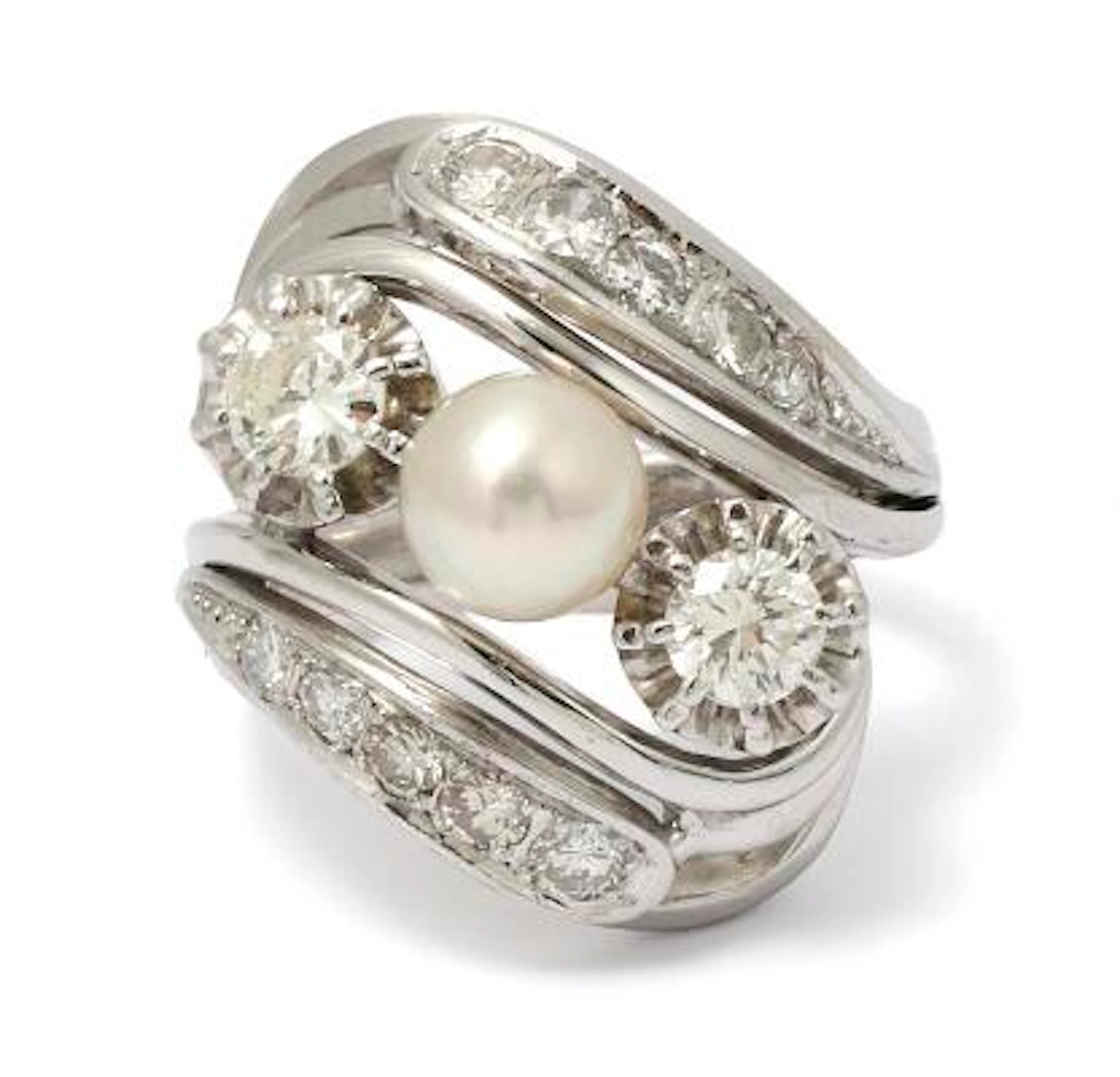 A pearl and diamond ring set with a cultured pearl and brilliant-cut