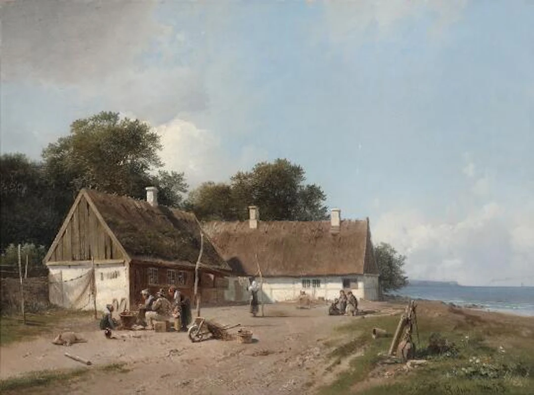 Frederik Rohde: A view of a white farmhouse overlooking the coast.