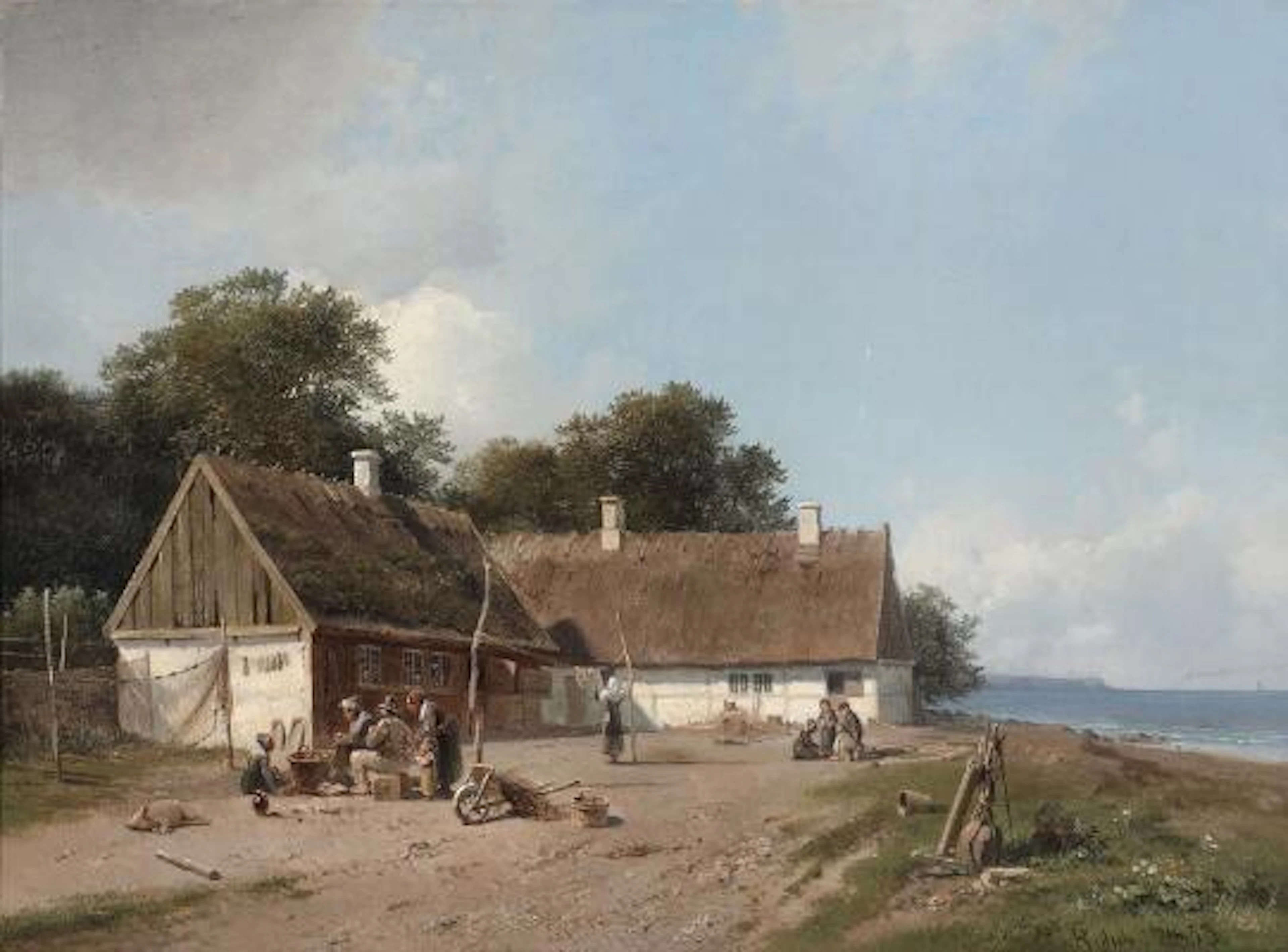 Frederik Rohde: A view of a white farmhouse overlooking the coast.