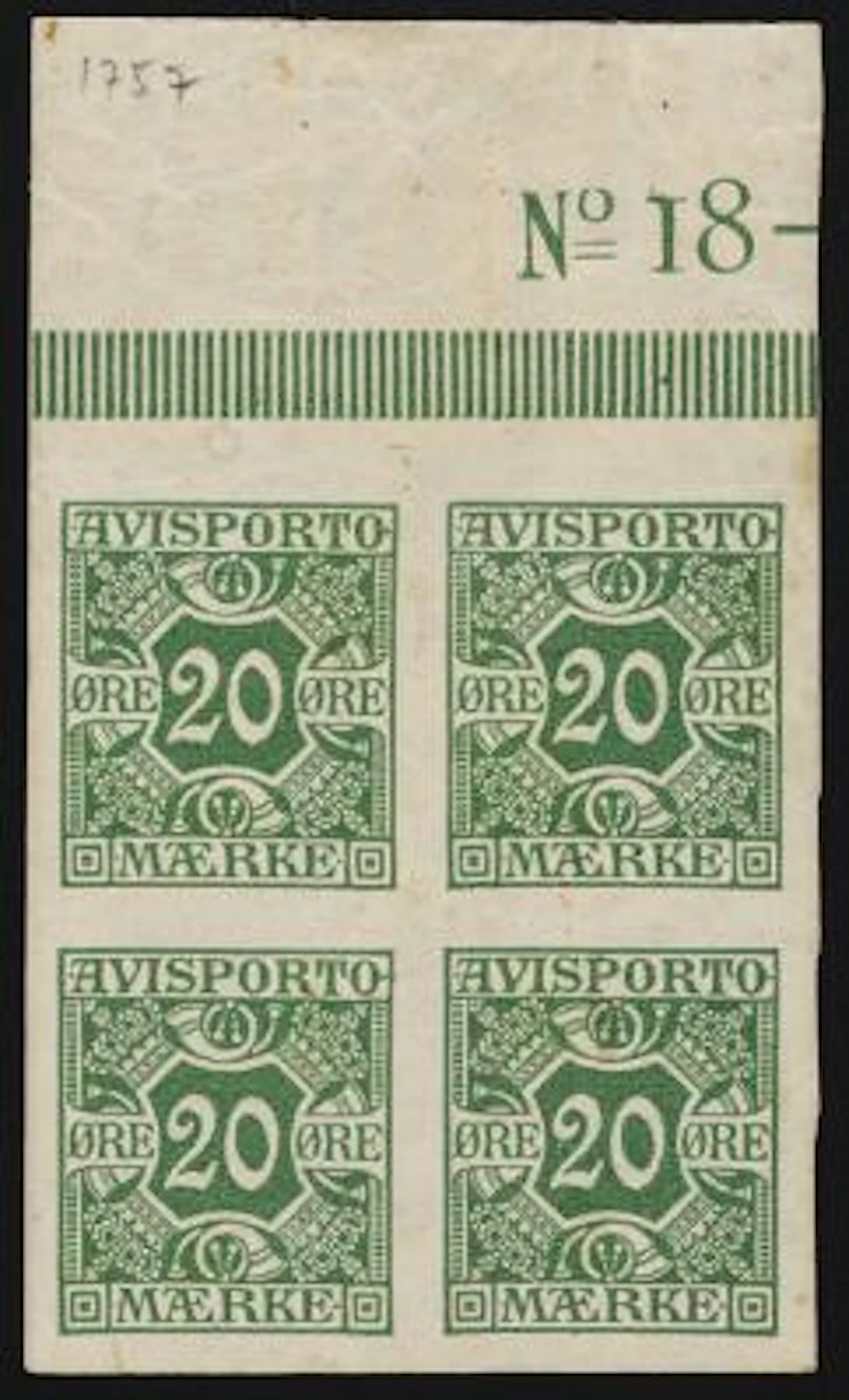 Newspaper. 1914. 20 Øre, green. Wmk. Crosses. Mint IMPERFORATED block