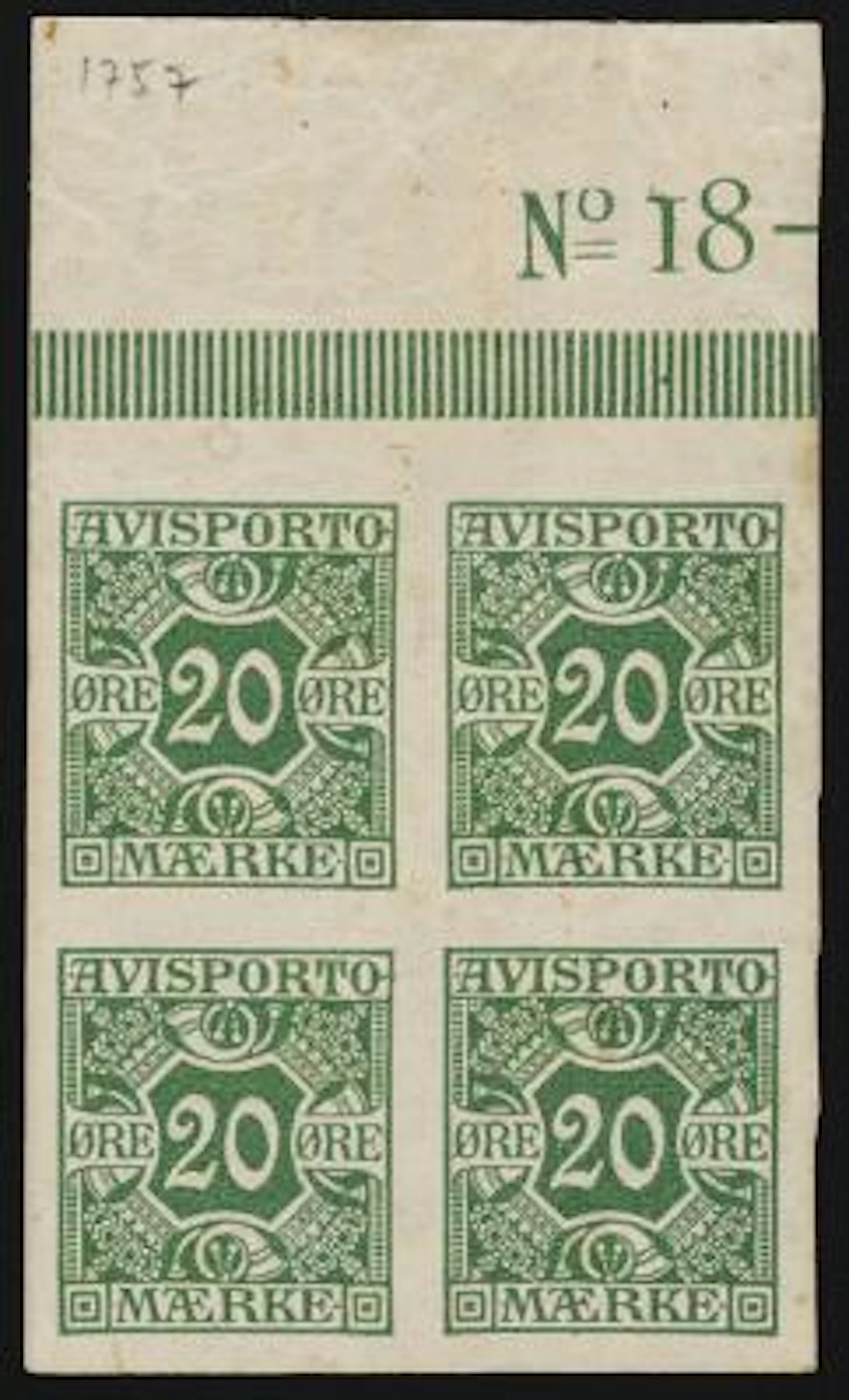 Newspaper. 1914. 20 Øre, green. Wmk. Crosses. Mint IMPERFORATED block