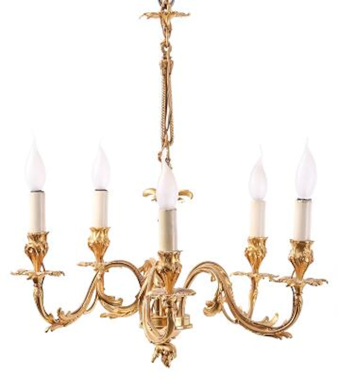 Chandelier of gilt bronze, five curved candle arms wired for electricity.