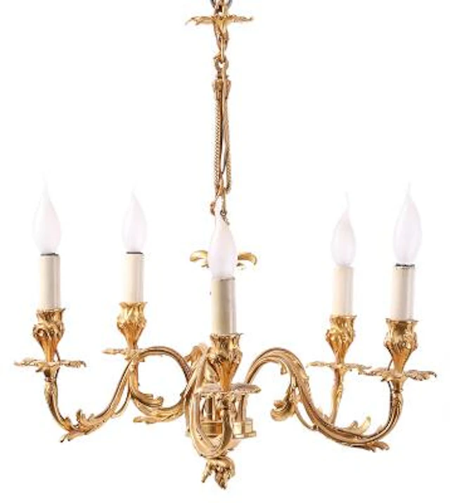 Chandelier of gilt bronze, five curved candle arms wired for electricity.