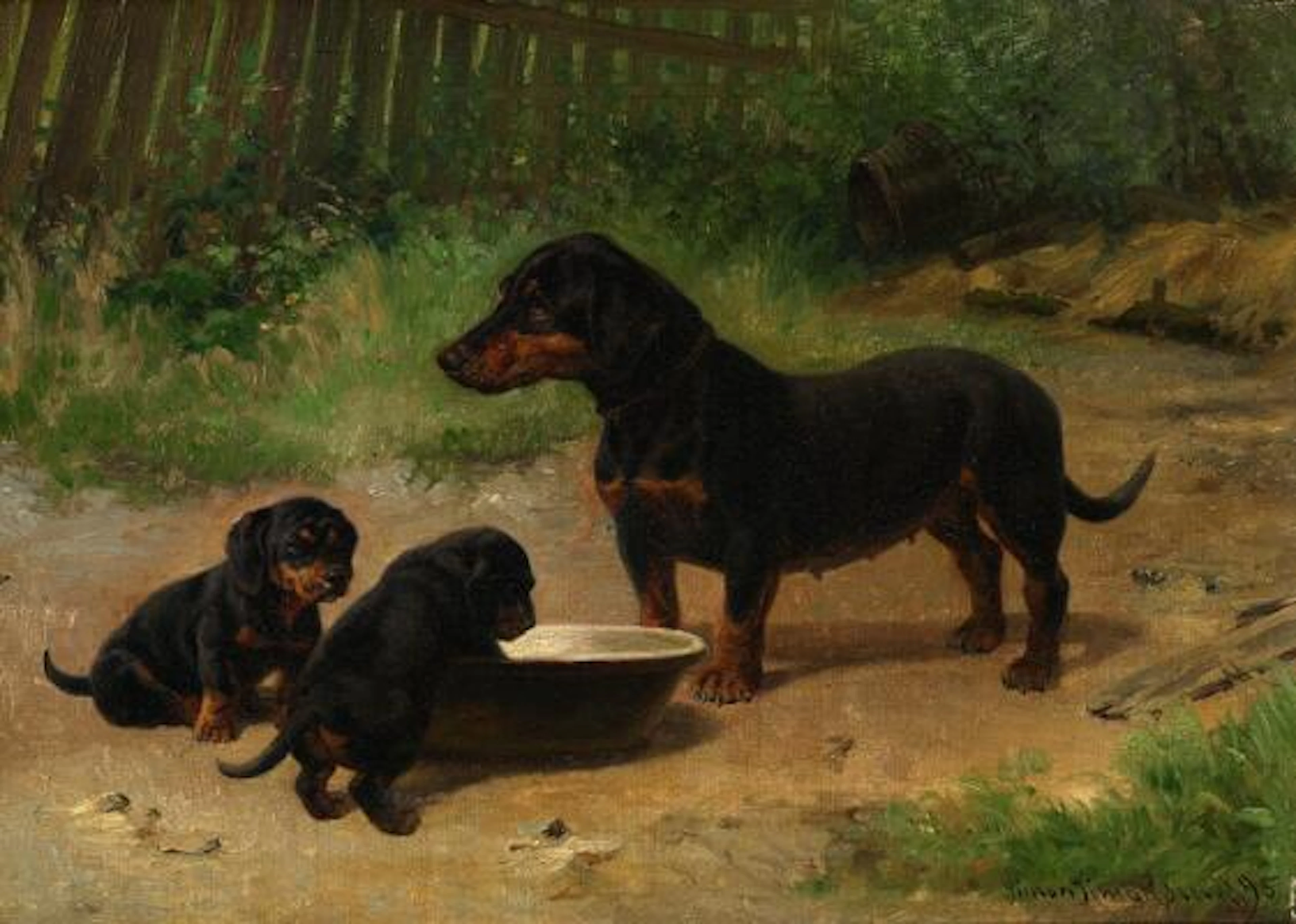 Simon Simonsen: A dog with her puppies by a food bowl. Signed Simon