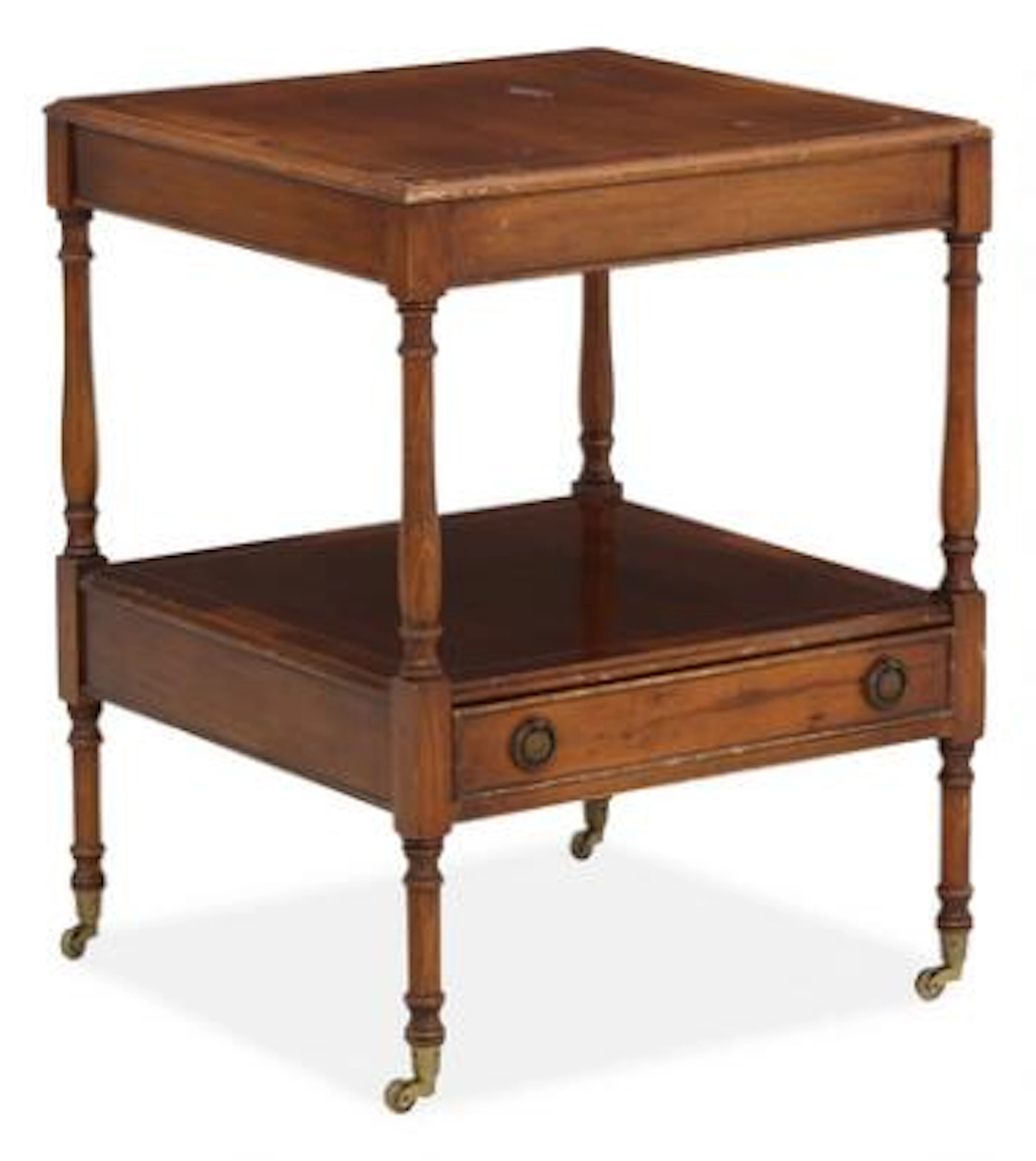 An English side table, fruit wood with brass wheels. Second half of