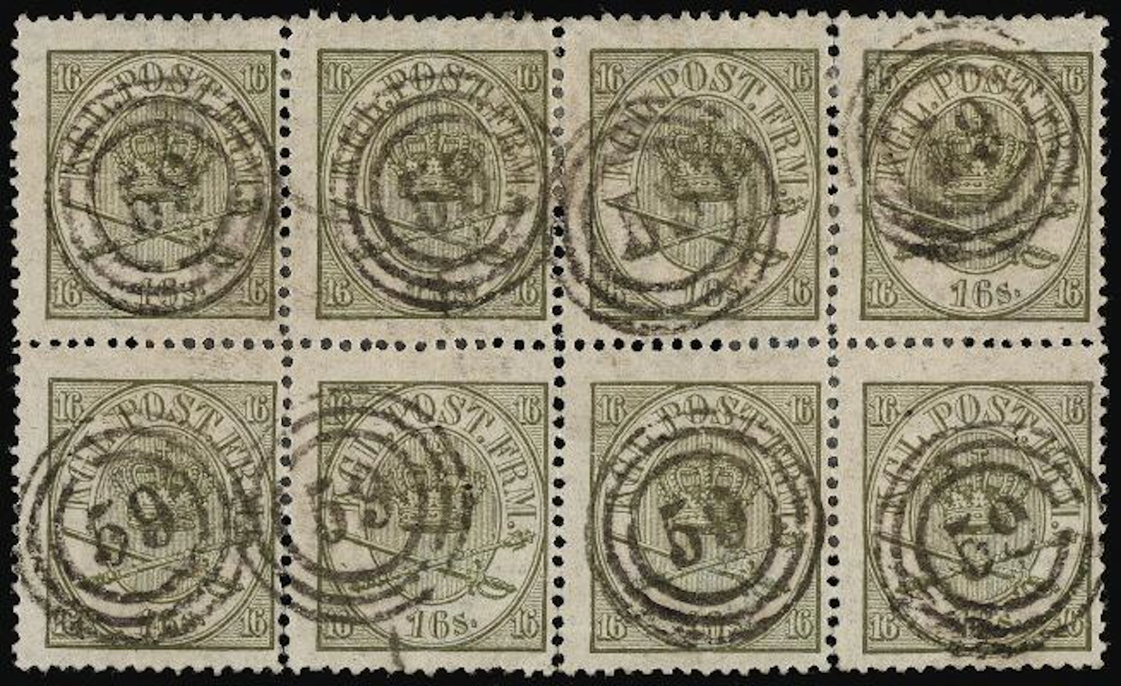 1864. 16 sk. 3.print, pos. 6-9/16-19. Excellent and mots rare BLOCK
