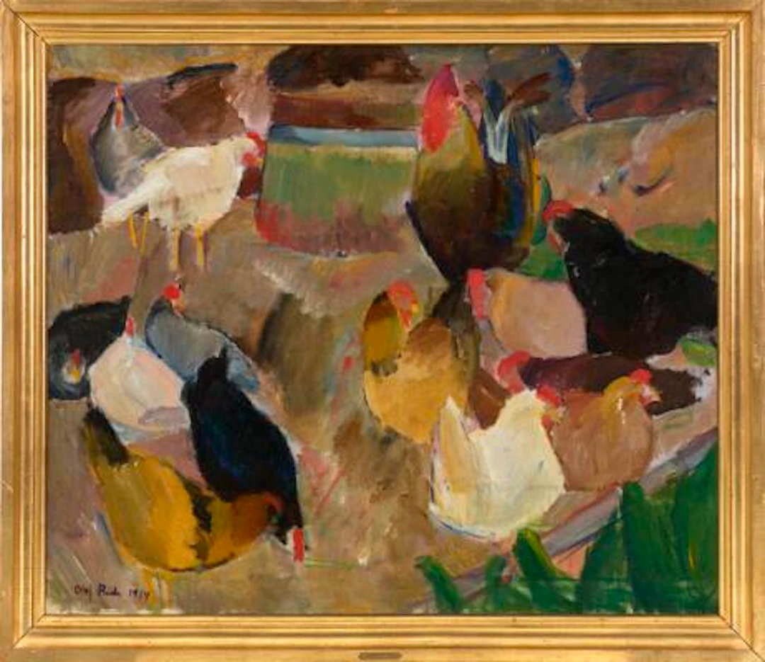 Olaf Rude: Composition with chickens. Signed Olaf Rude 1914. Oil on