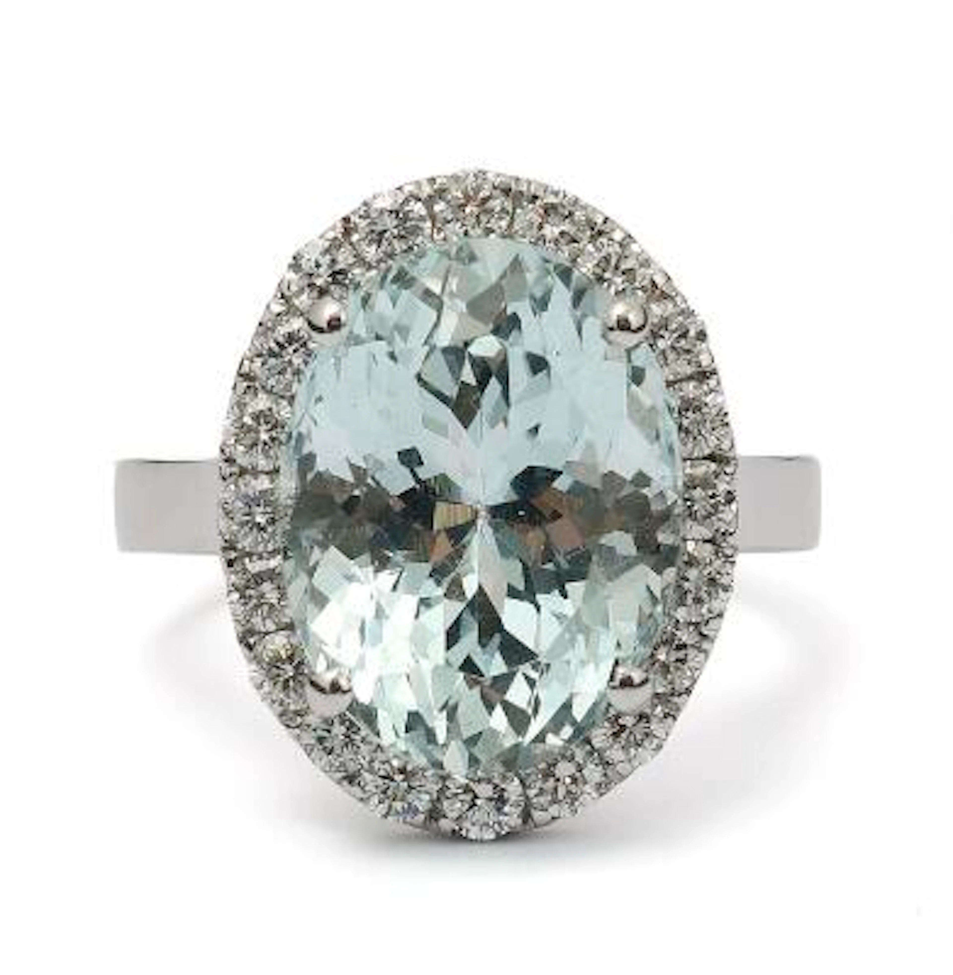 An aquamarine and diamond ring set with an aquamarine encircled by