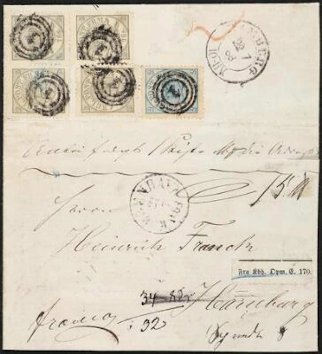 1864. 2 sk. blue and 4 x 16 sk. olive (pair + 2 single stamps). Excellent