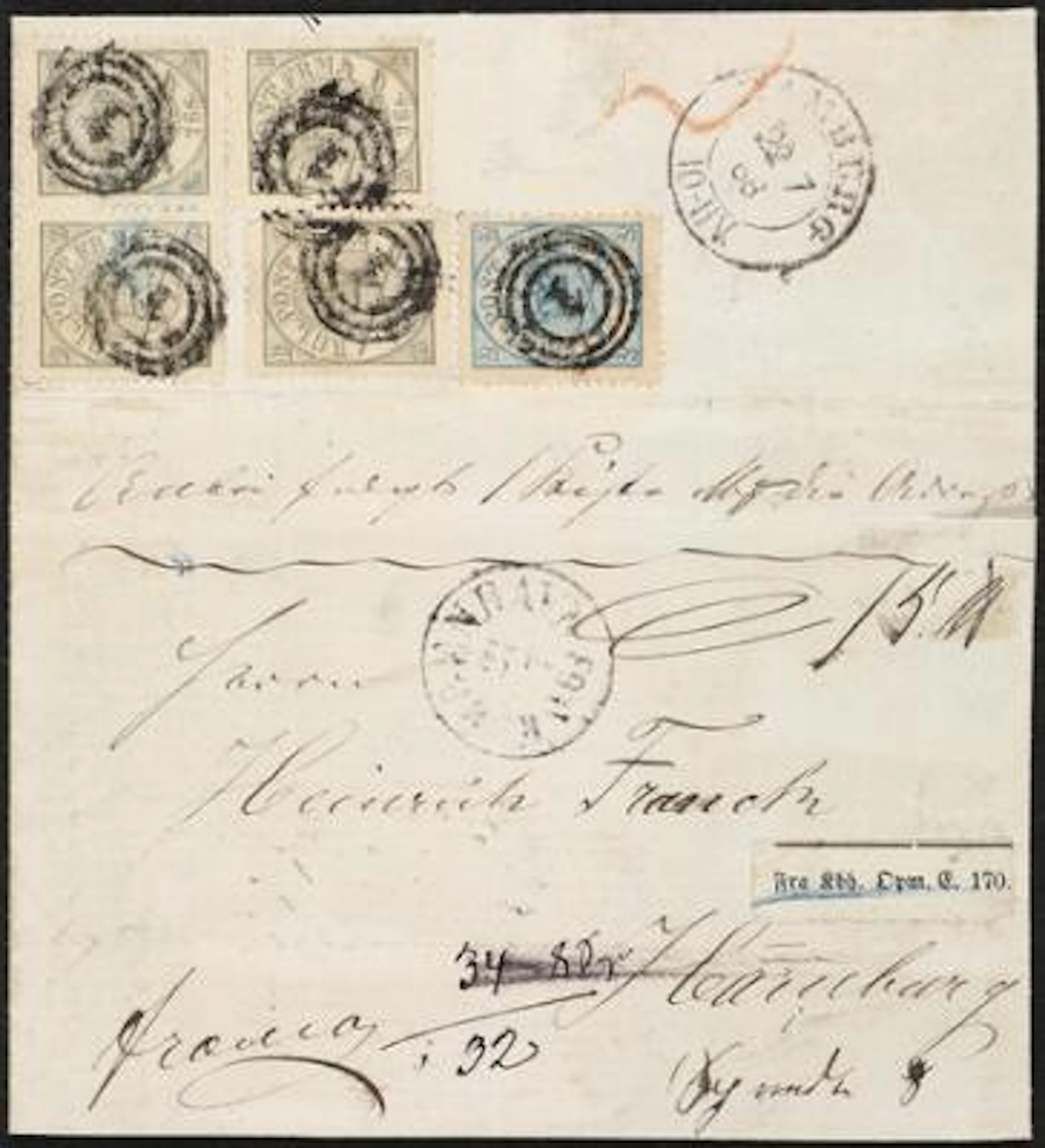 1864. 2 sk. blue and 4 x 16 sk. olive (pair + 2 single stamps). Excellent