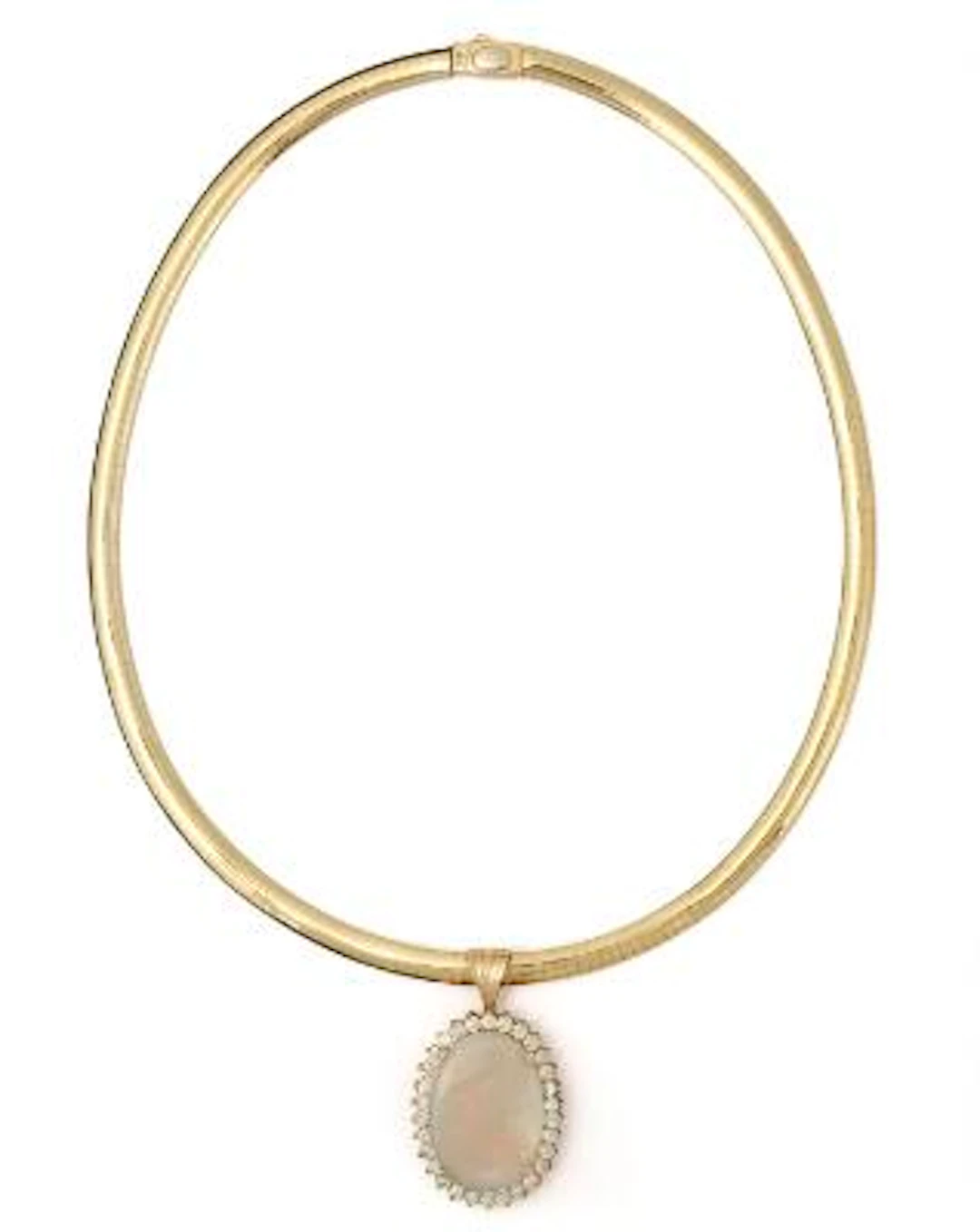 A necklace set with an opal and diamond pendant, mounted in 14k gold.