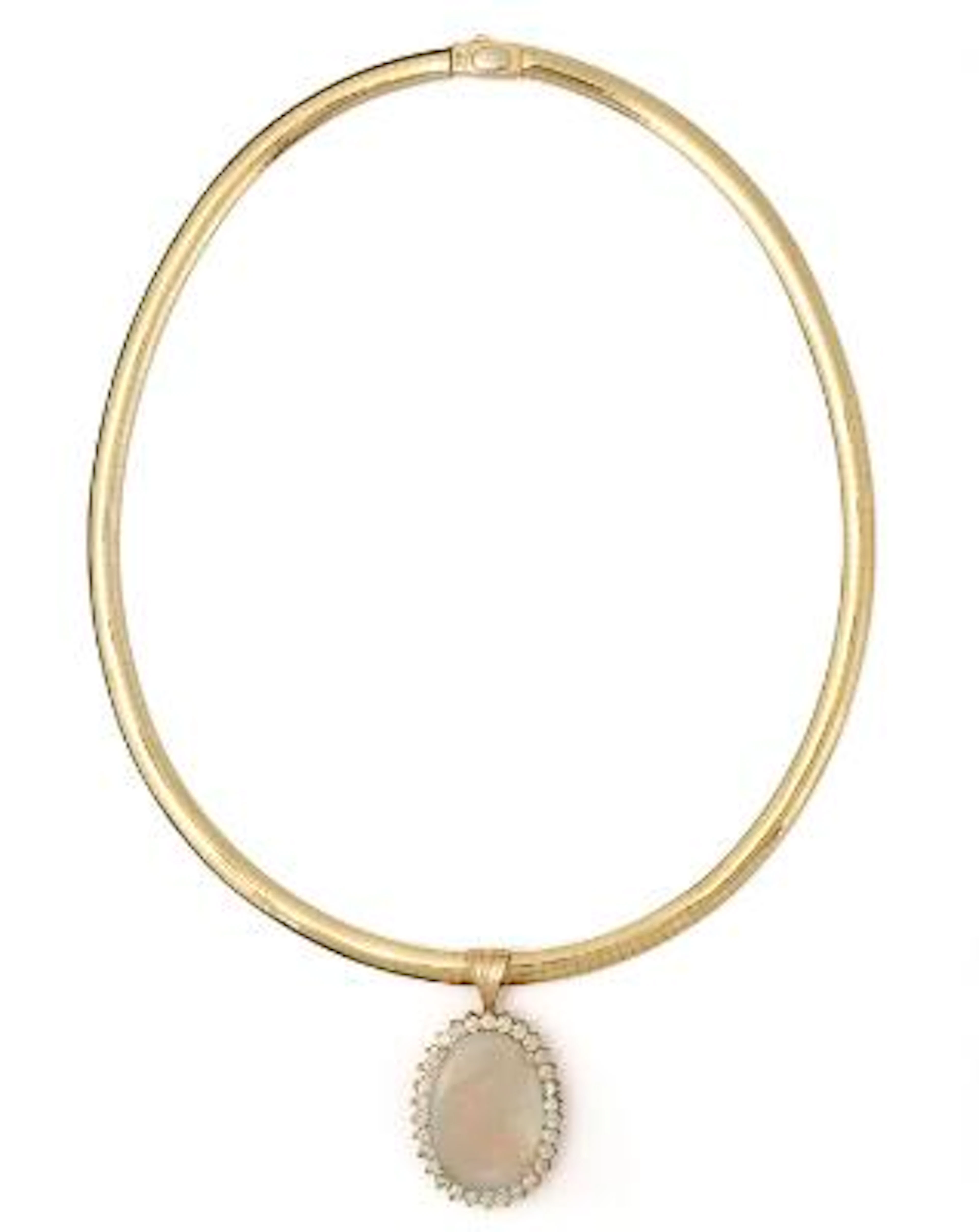A necklace set with an opal and diamond pendant, mounted in 14k gold.
