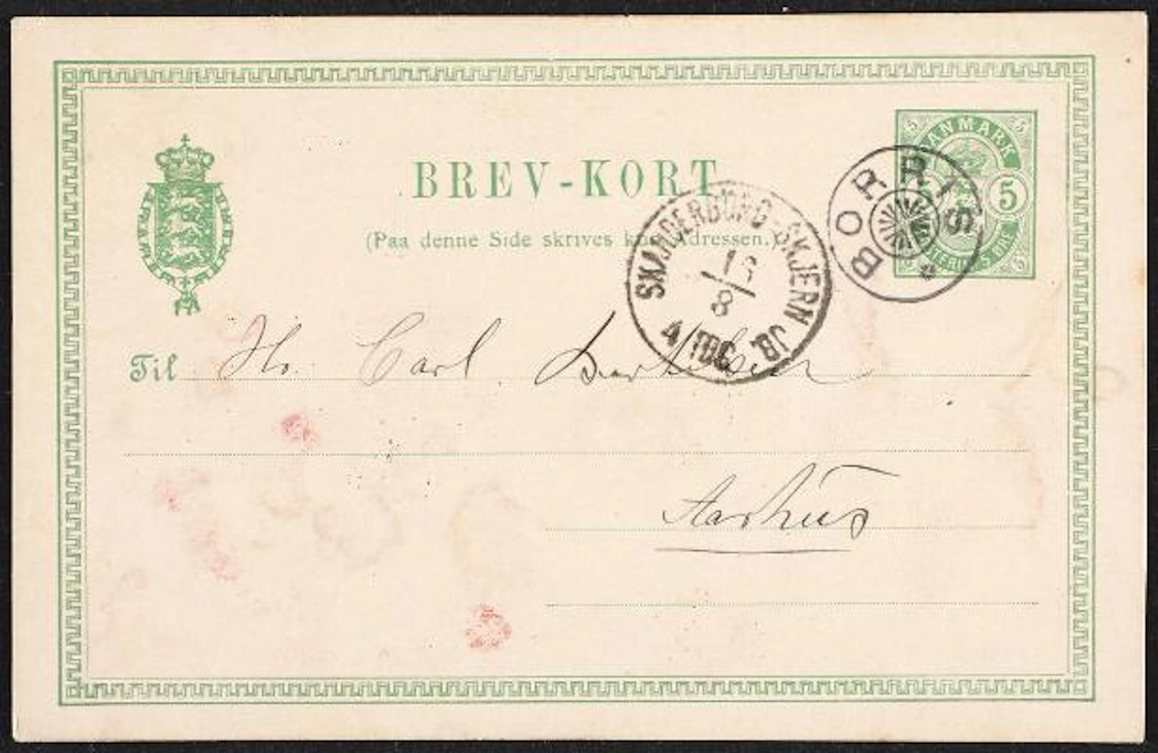 BORRIS. Stationery. 5 Øre, green Arms. Postcard with star canc. BORRIS