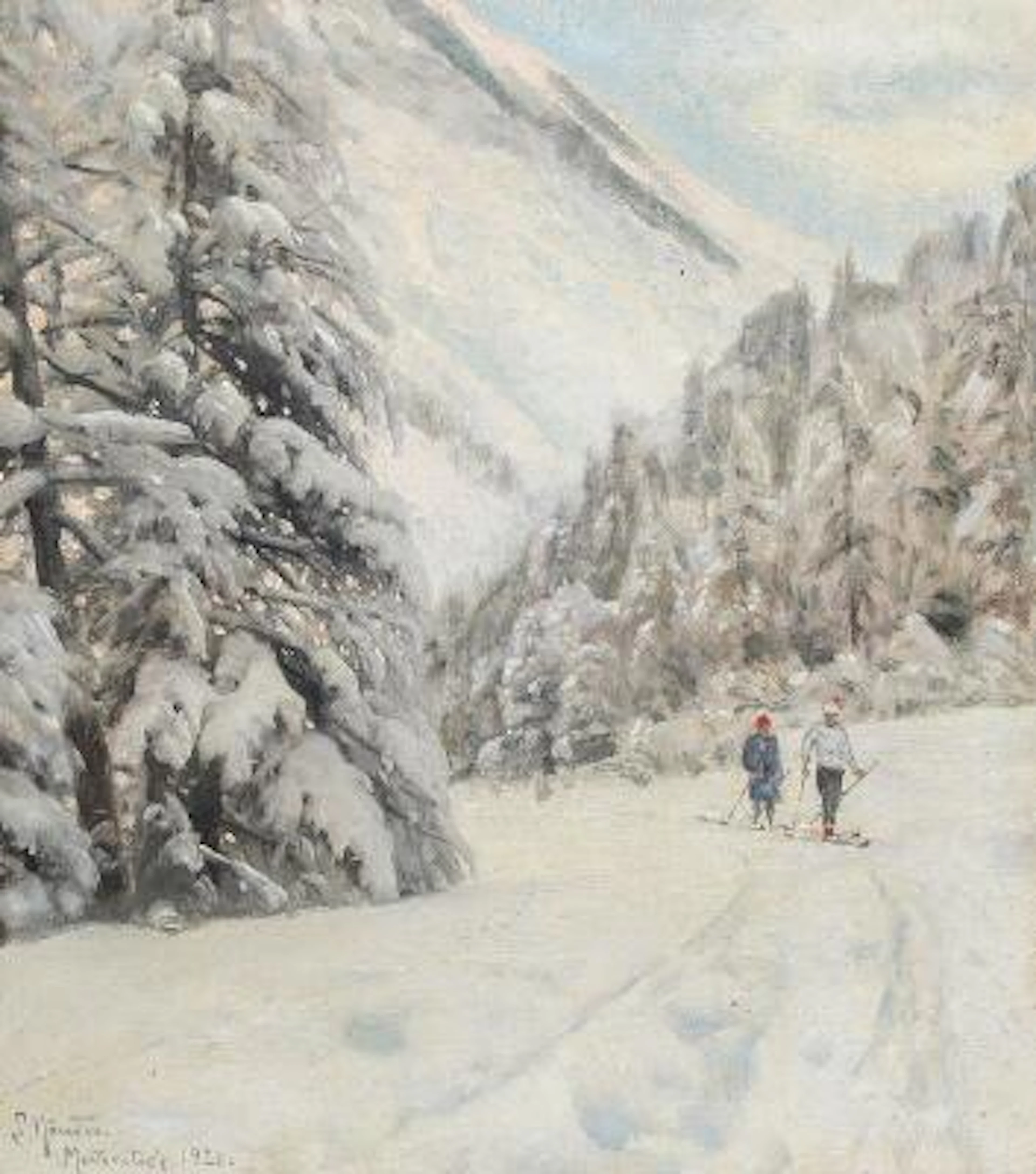 Peder Mønsted: Winter landscape with two cross-country skiers at Morteratsch.