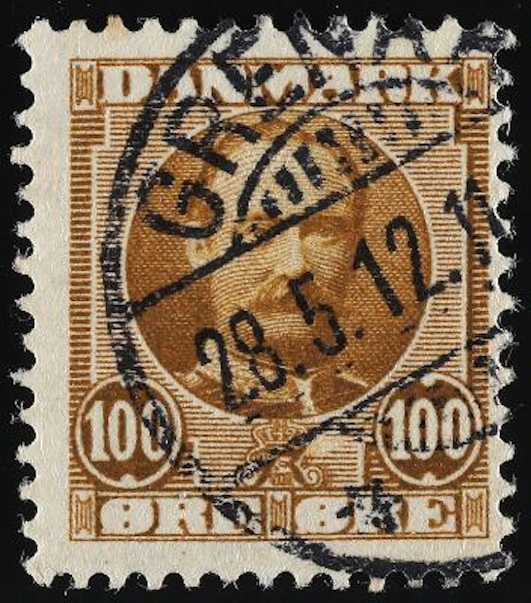 1907. Fr.VIII, 100 øre, yellow-brown. Variety "White space near monogram".