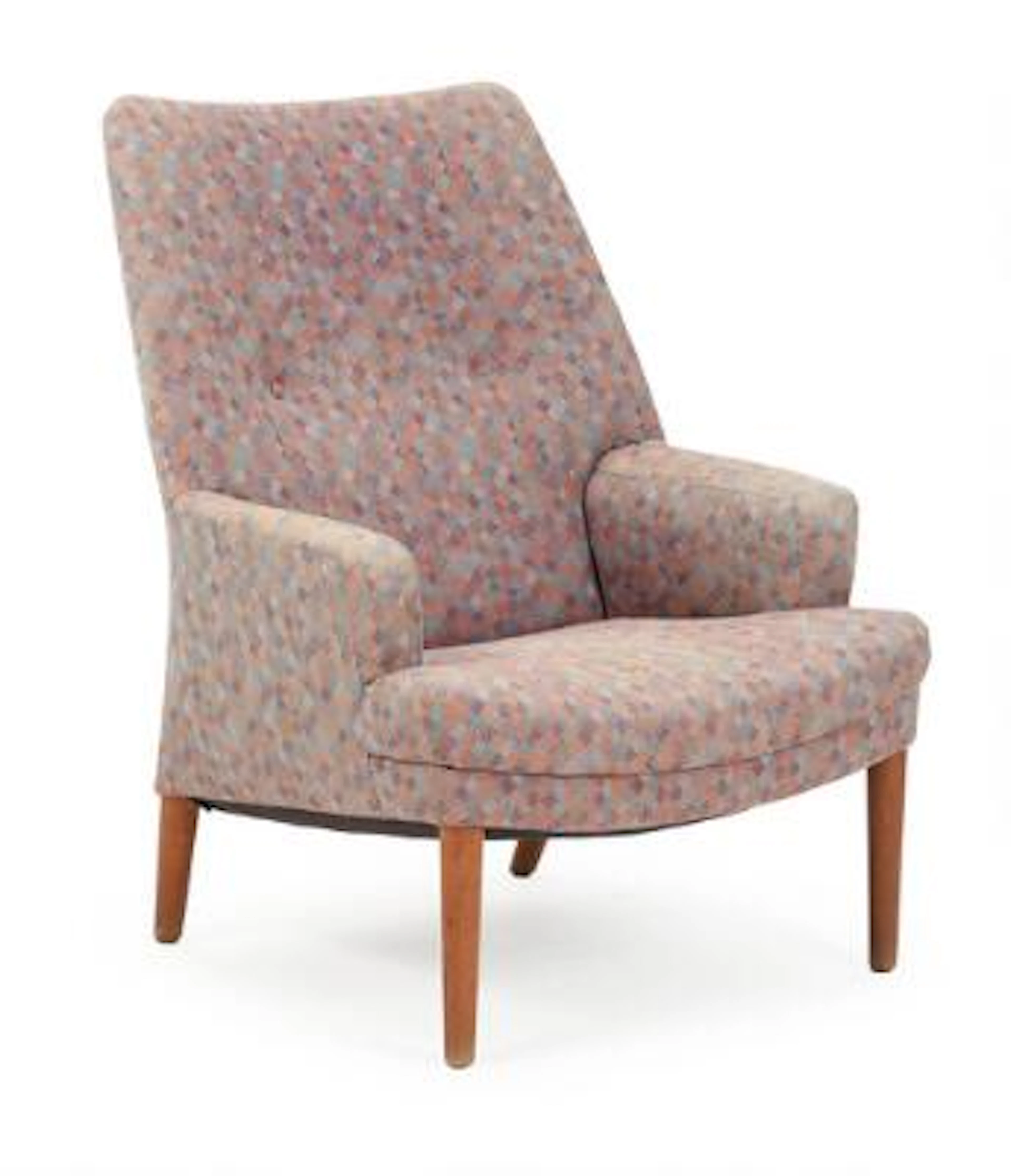 Danish furniture design: Easy chair with oak legs, upholstered with