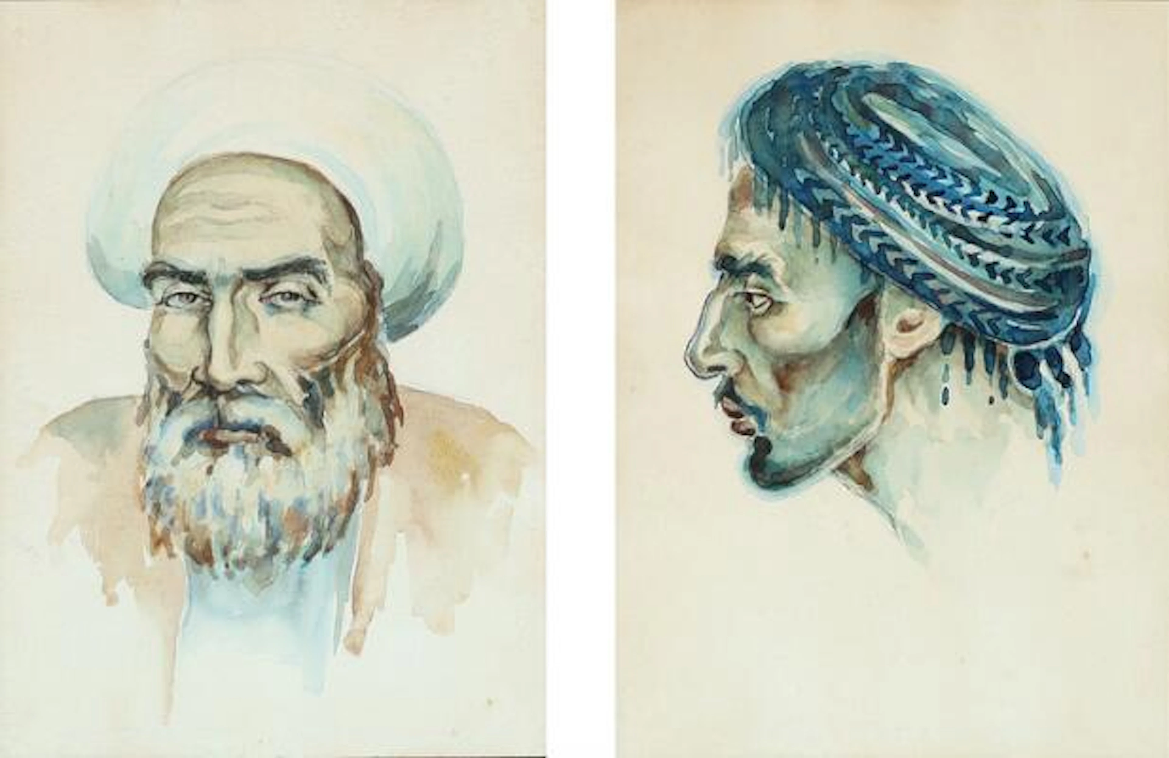Unknown artist, 20th century: Portraits. Watercolour. 26 x 19. (2)