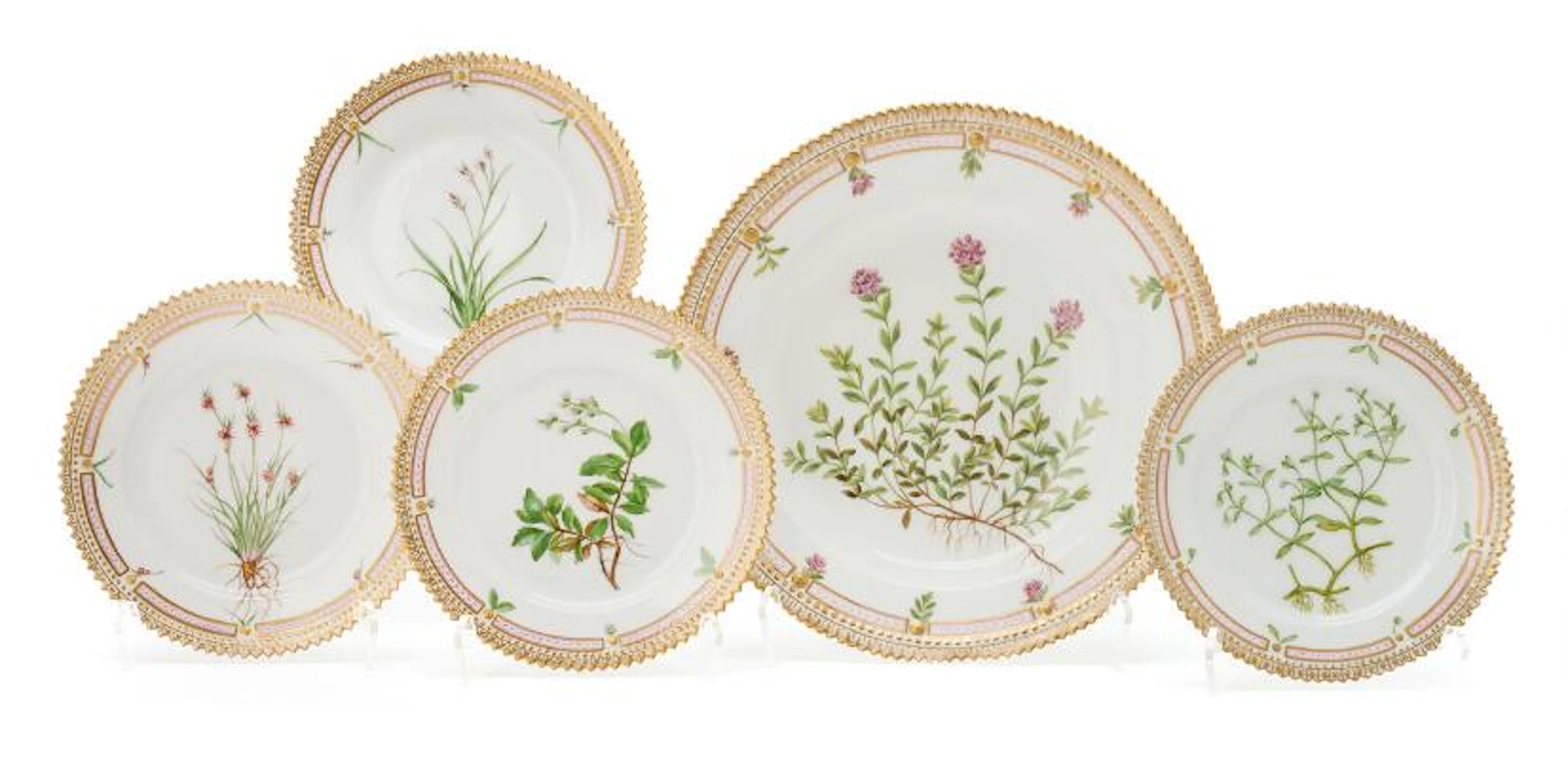 "Flora Danica" four enamelled and gilt porcelain bread & butter plates