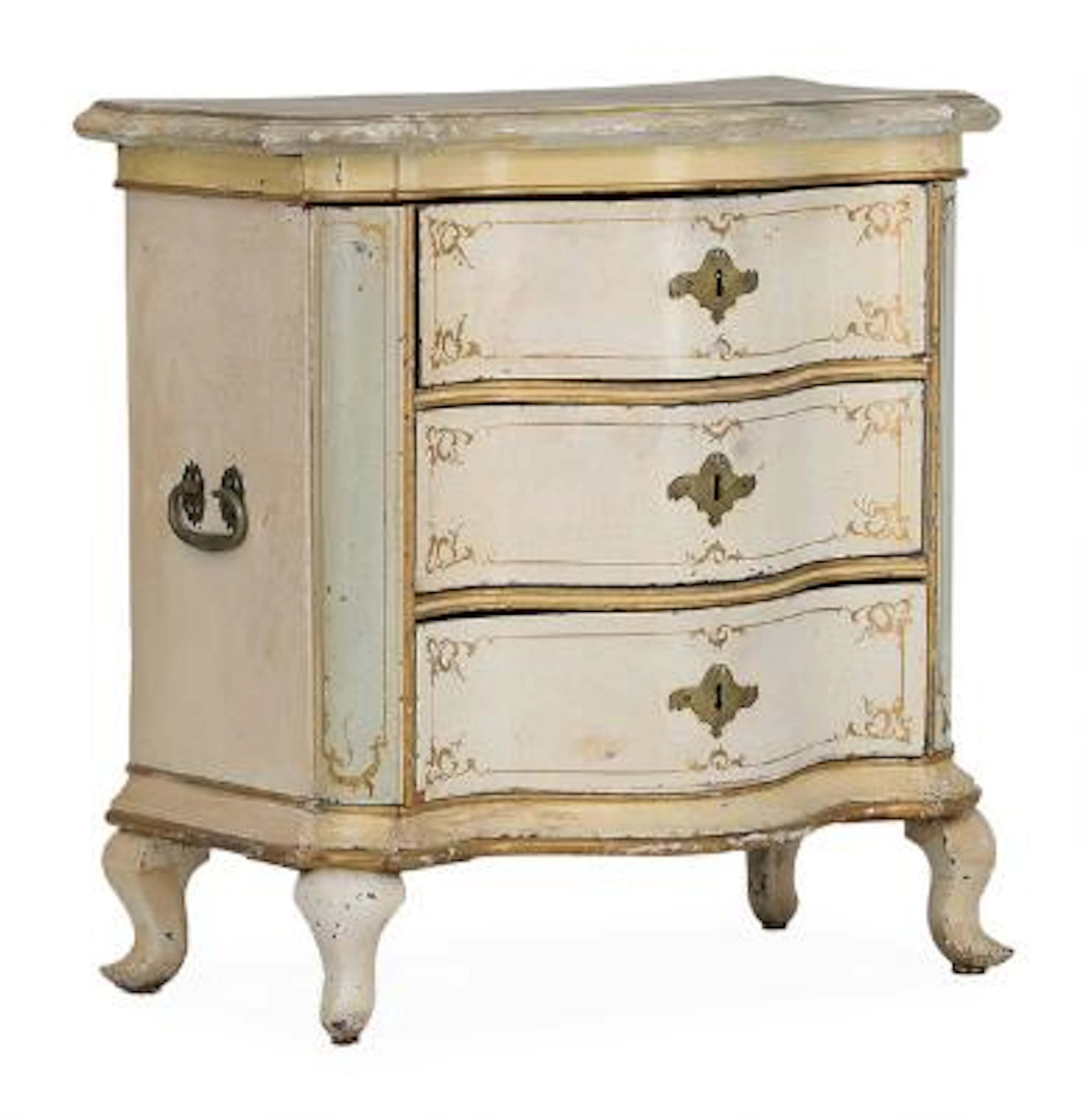 A painted Danish Neo-Rococo chest-of-drawers. Brass side handles.