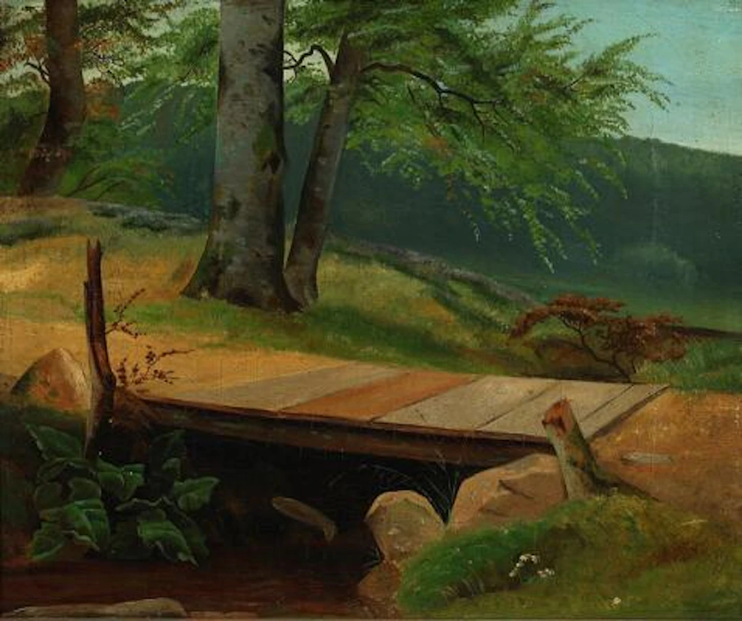 Vilhelm Kyhn: View from a forest with a small bridge over a stream.
