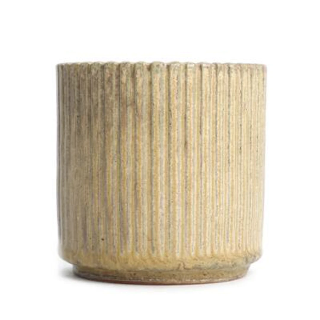 Arne Bang: A cylindrical stoneware vase with vertical relief grooves.