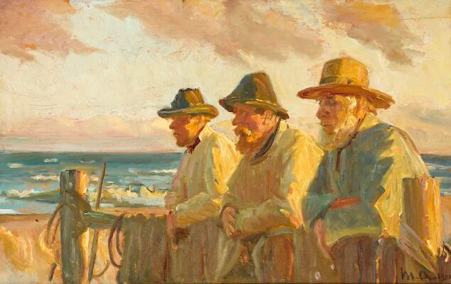 Michael Ancher: Three Skagen fishermen in the evening sun. Signed