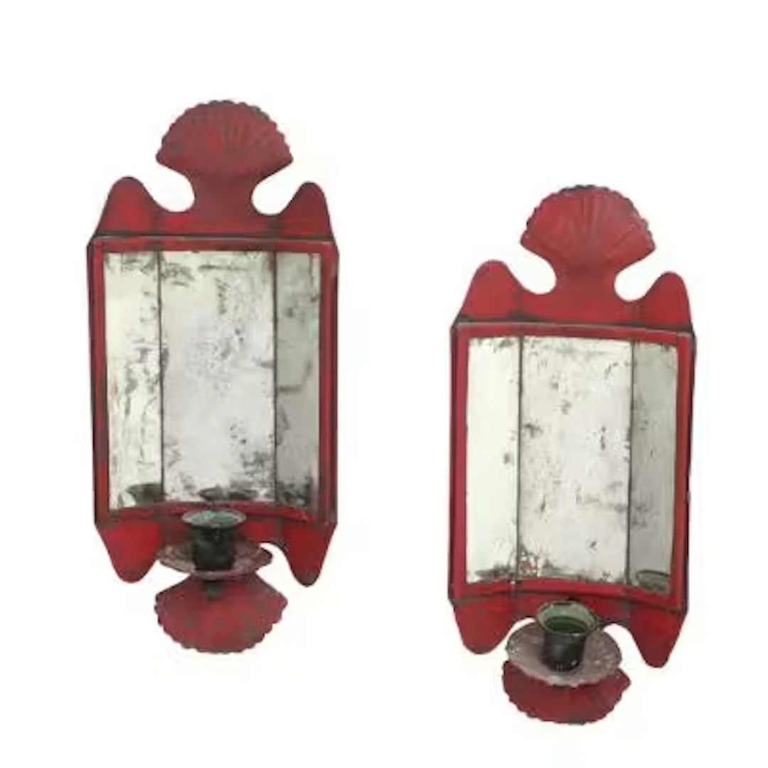 A pair of Colonial style red-painted three mirrors wall sconces with