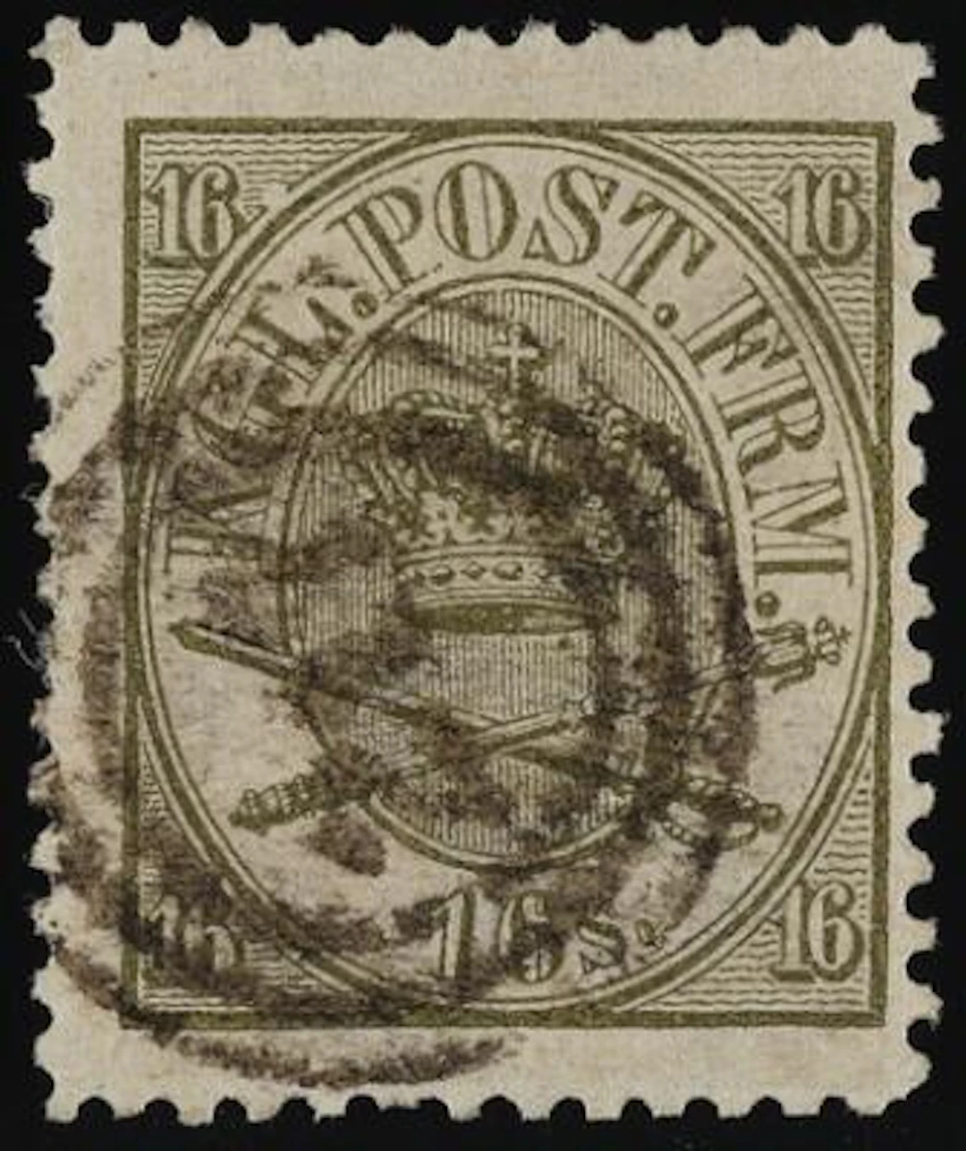 1864. 16 Skilling, olive green. Line perforated 12 1/2 (1870). Very