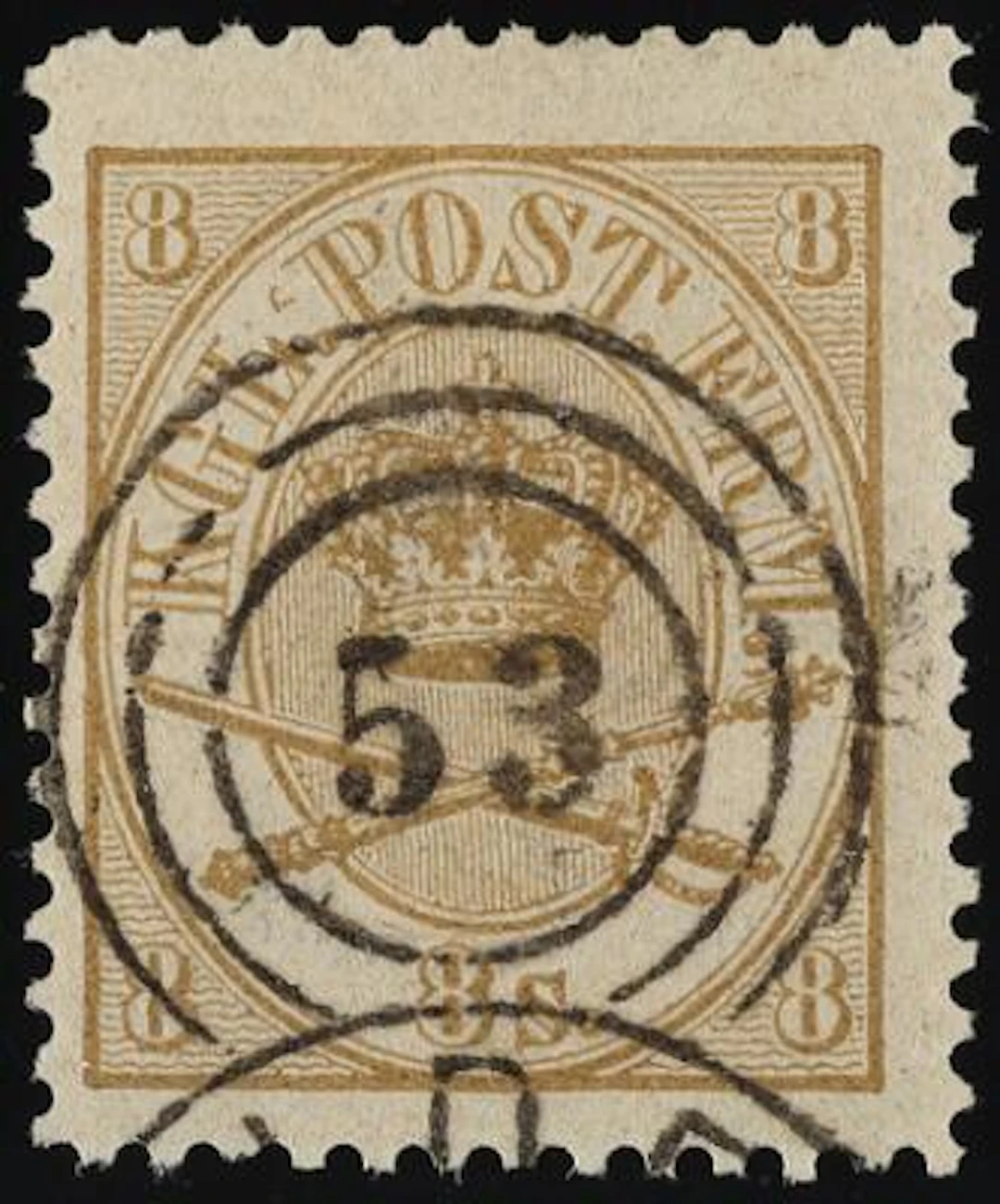 1864. 8 Skilling, yellow brown. Line perforated 12 1/2 (1870). Excellent