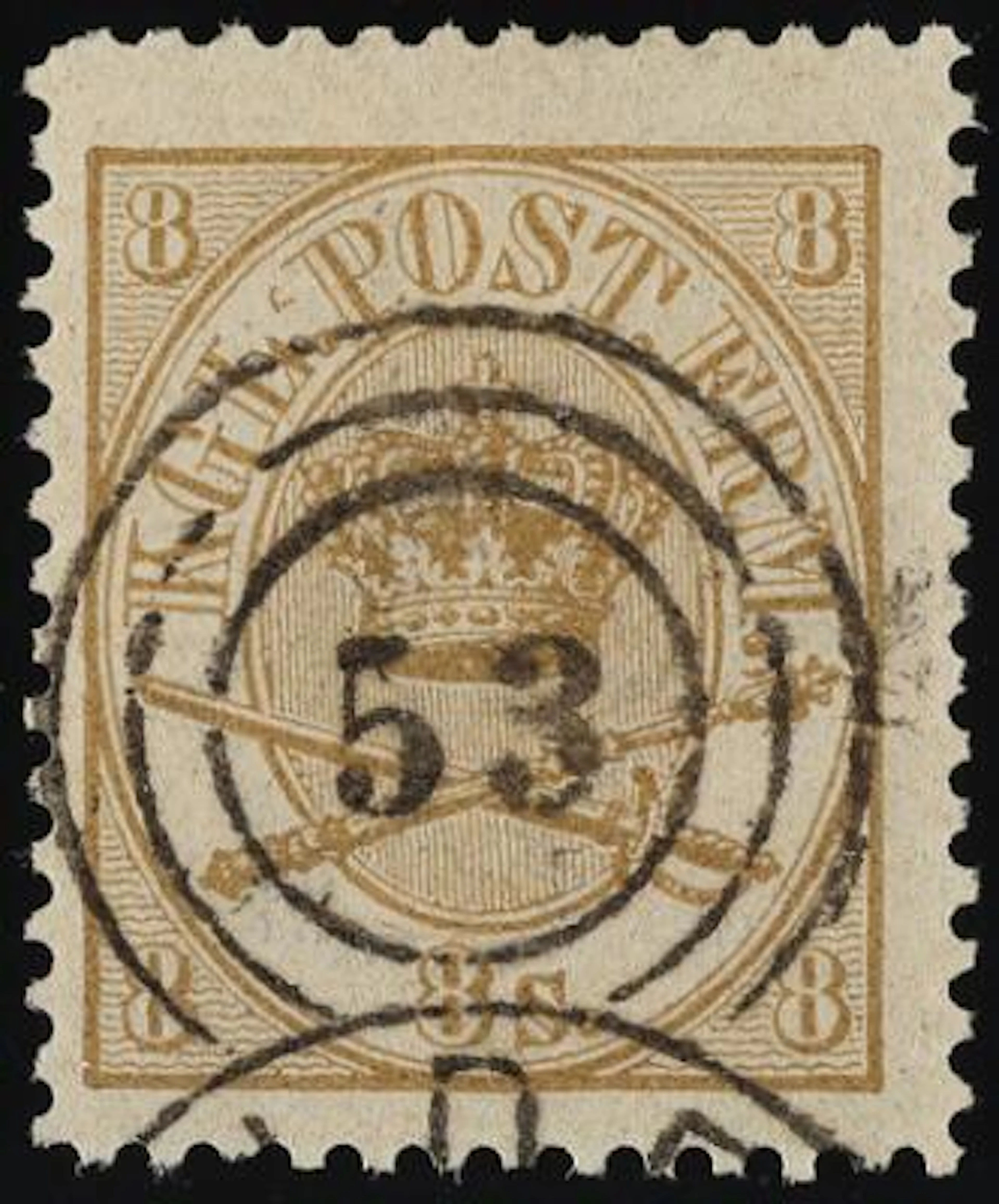 1864. 8 Skilling, yellow brown. Line perforated 12 1/2 (1870). Excellent
