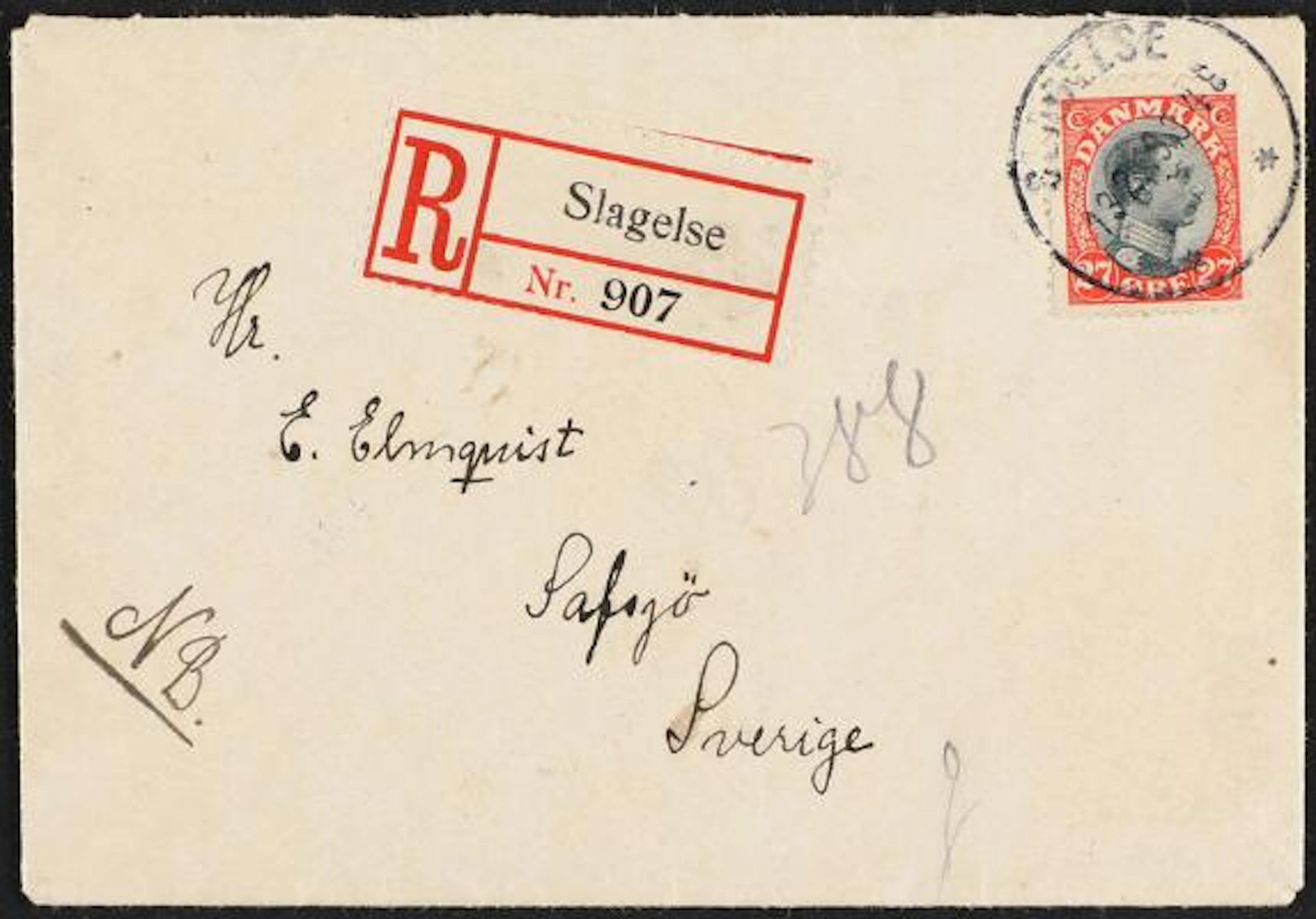 1918. Christian X. 27 Øre, red/black. Single on registered cover to