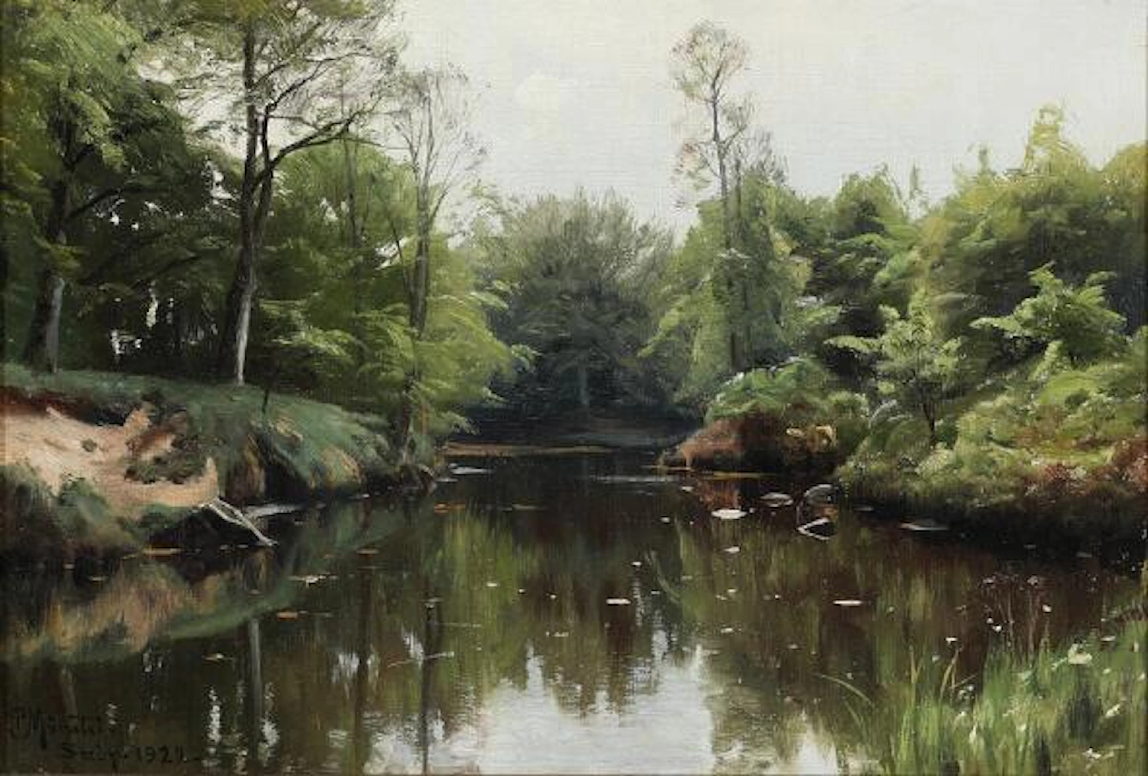 Peder Mønsted: A summer day at Sæby stream. Signed and dated P. Mønsted