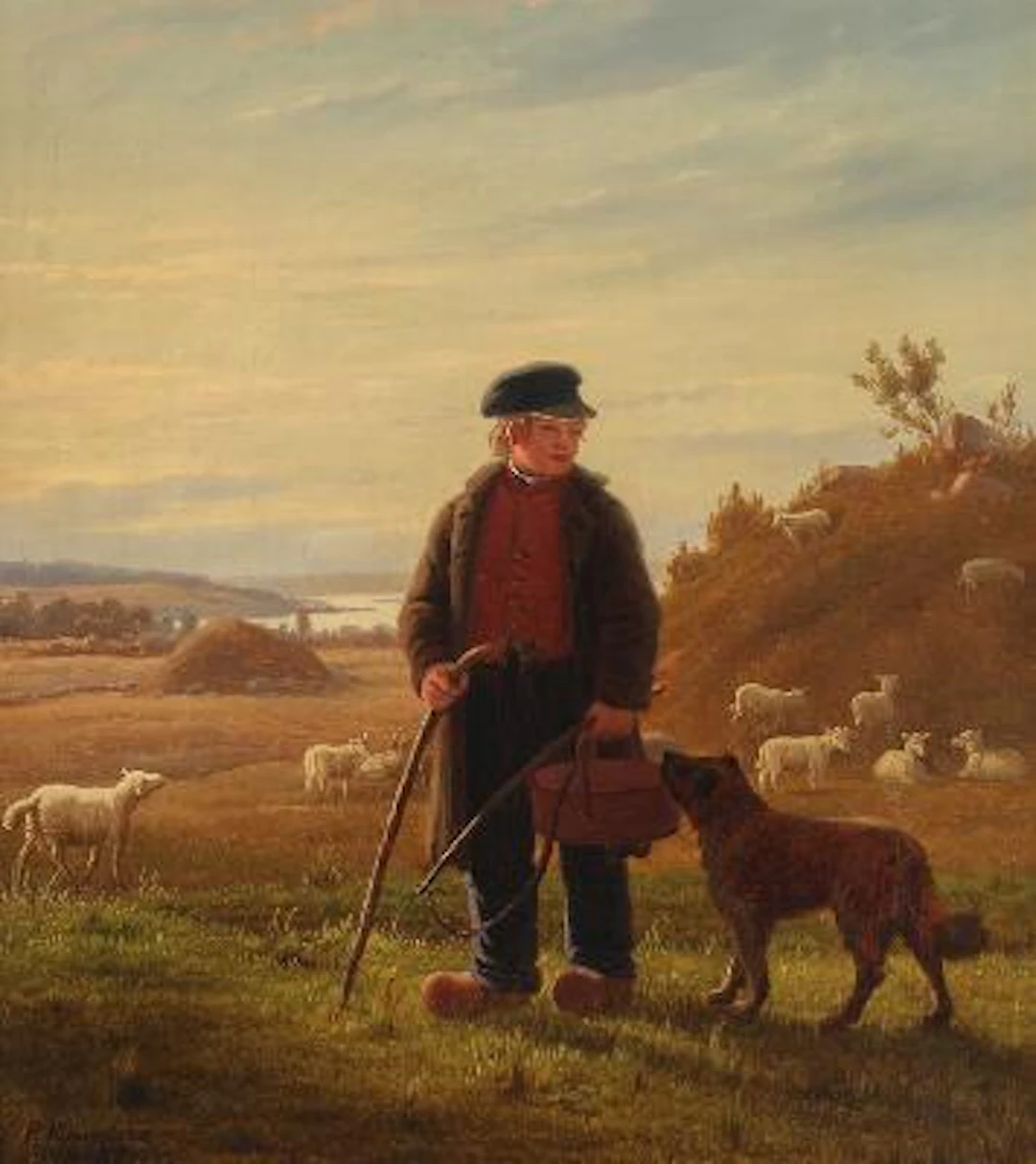 Peter Raadsig: A Shepherd Man with His Dog. Signed and dated P. Raadsig