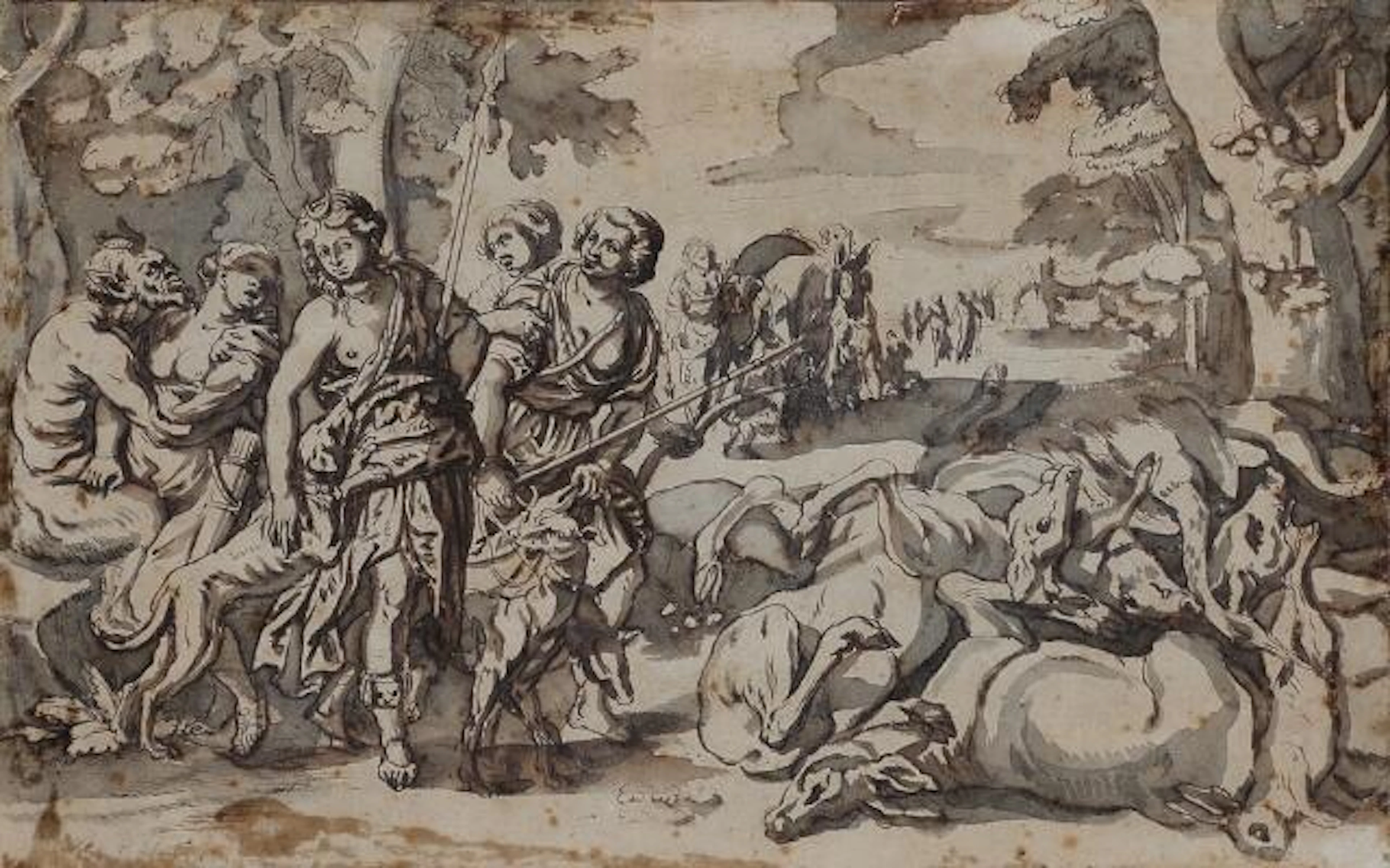 Dutch painter, 17th century: Diana with her hunting party. Unsigned.