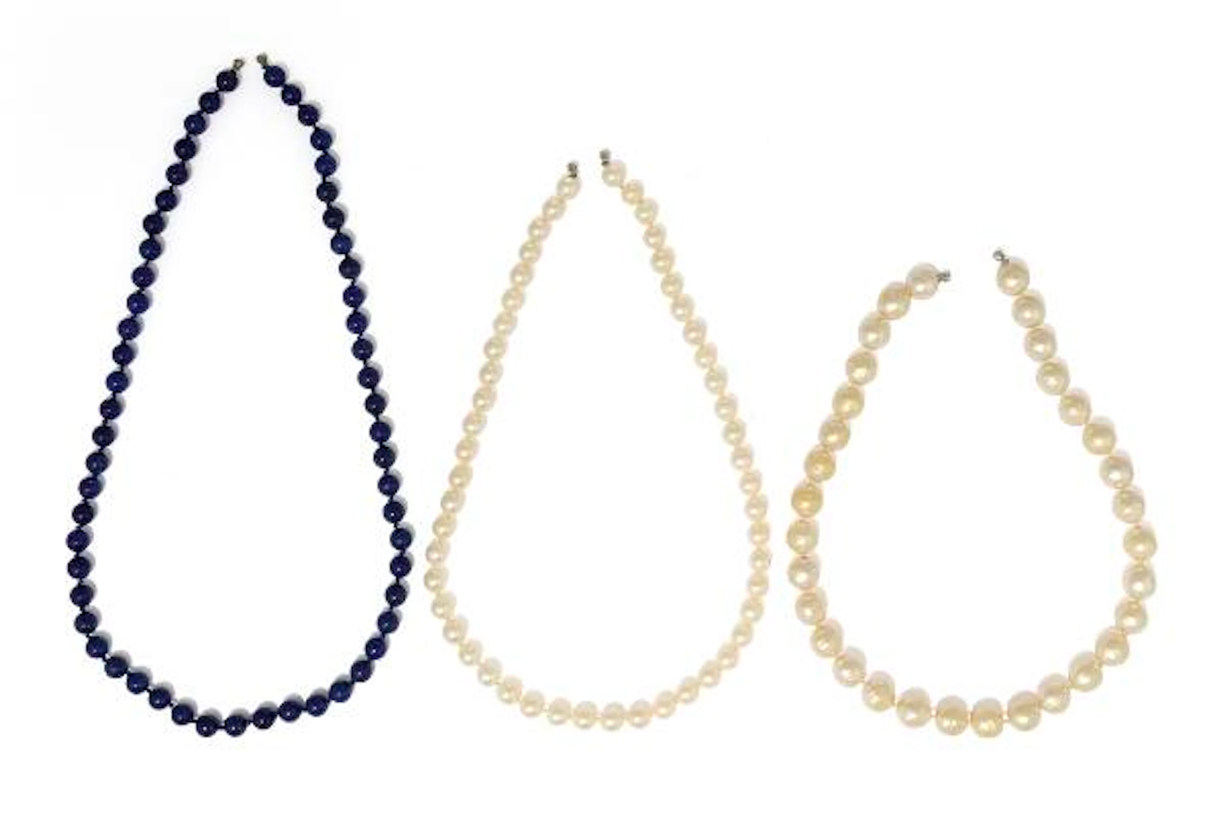 Three necklaces respectively set with cultured pearls, plaastic pearls