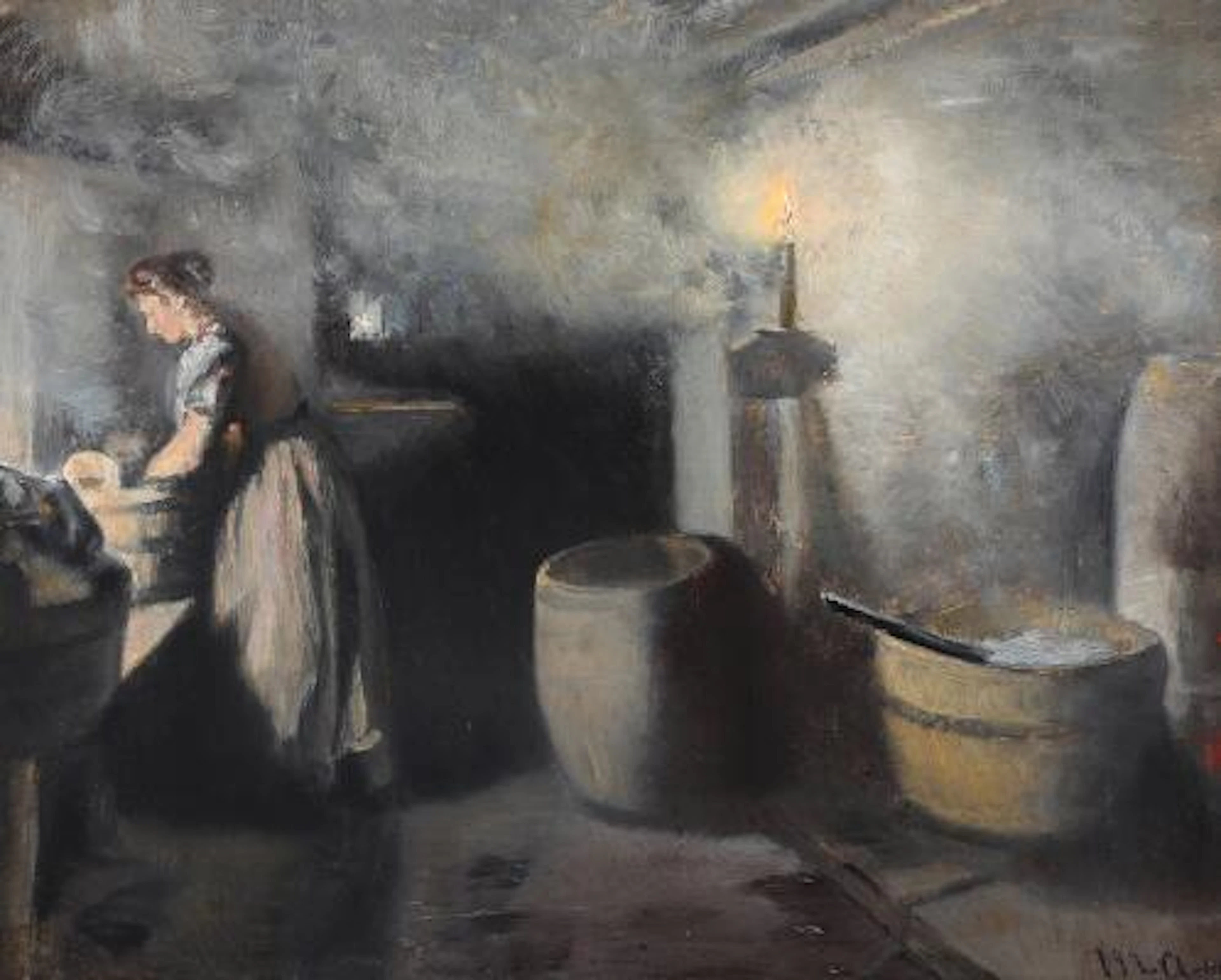 Michael Ancher: An interior with a woman washing clothes. Signed and