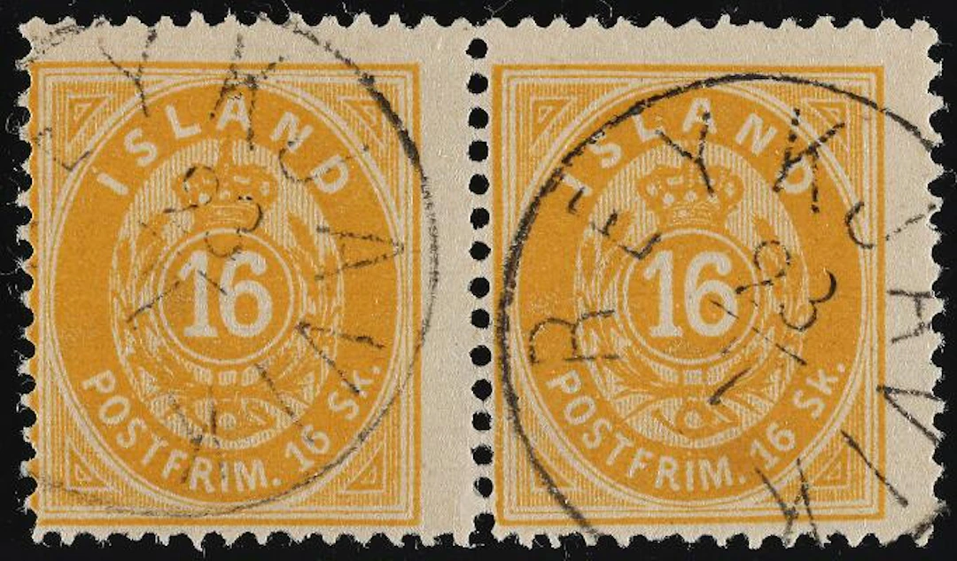 Iceland. 1873. 16 Skilling, yellow. Perf. 14. Pair, postcancelled