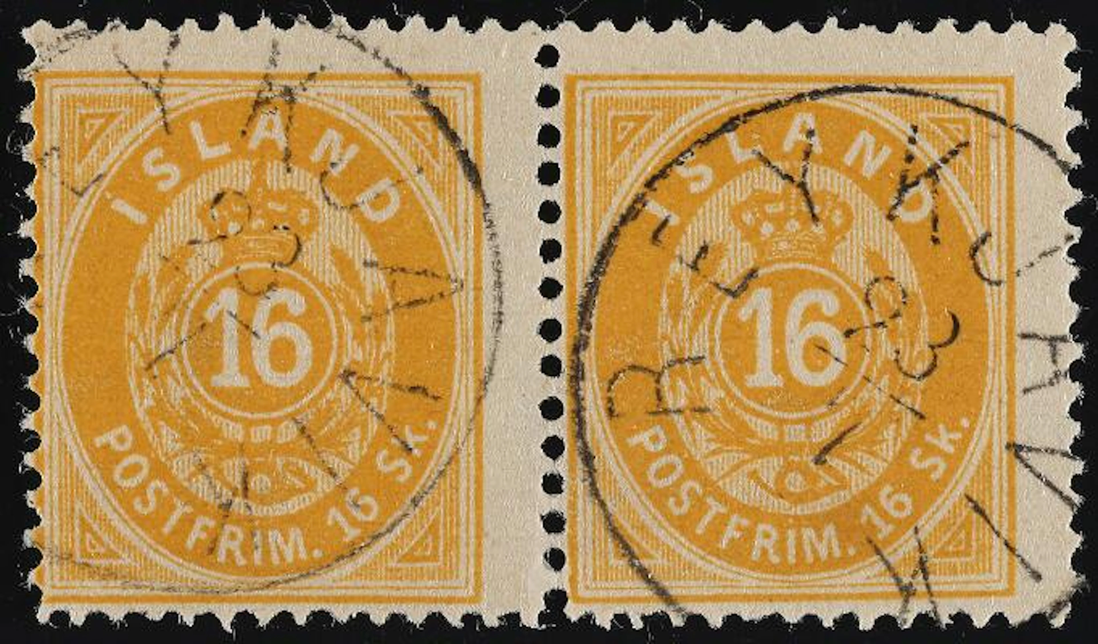 Iceland. 1873. 16 Skilling, yellow. Perf. 14. Pair, postcancelled