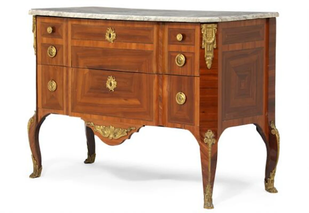 A French transition two-drawer commode. The back marked H.D. Late